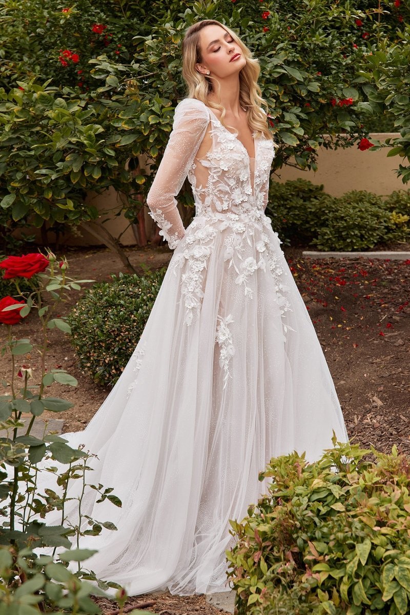 Stunning A-Line Deep V-Neck Wedding Gown With Removable Sleeves #CDS436W