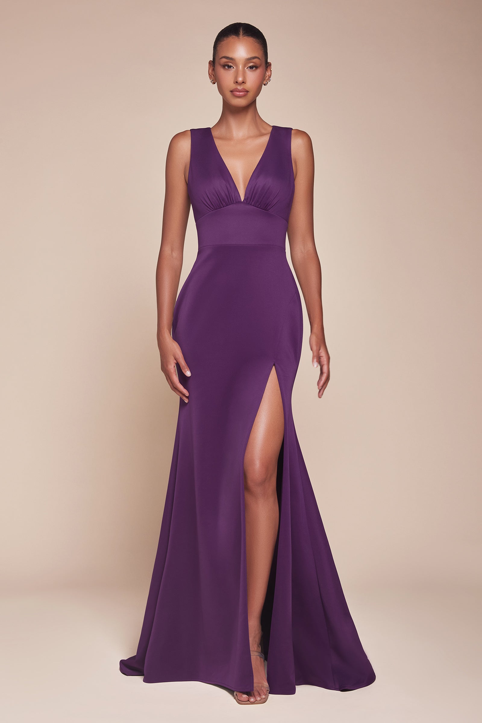 Exquisite Fitted V-Neck Slit Open Back Bridesmaid Dress #CH395