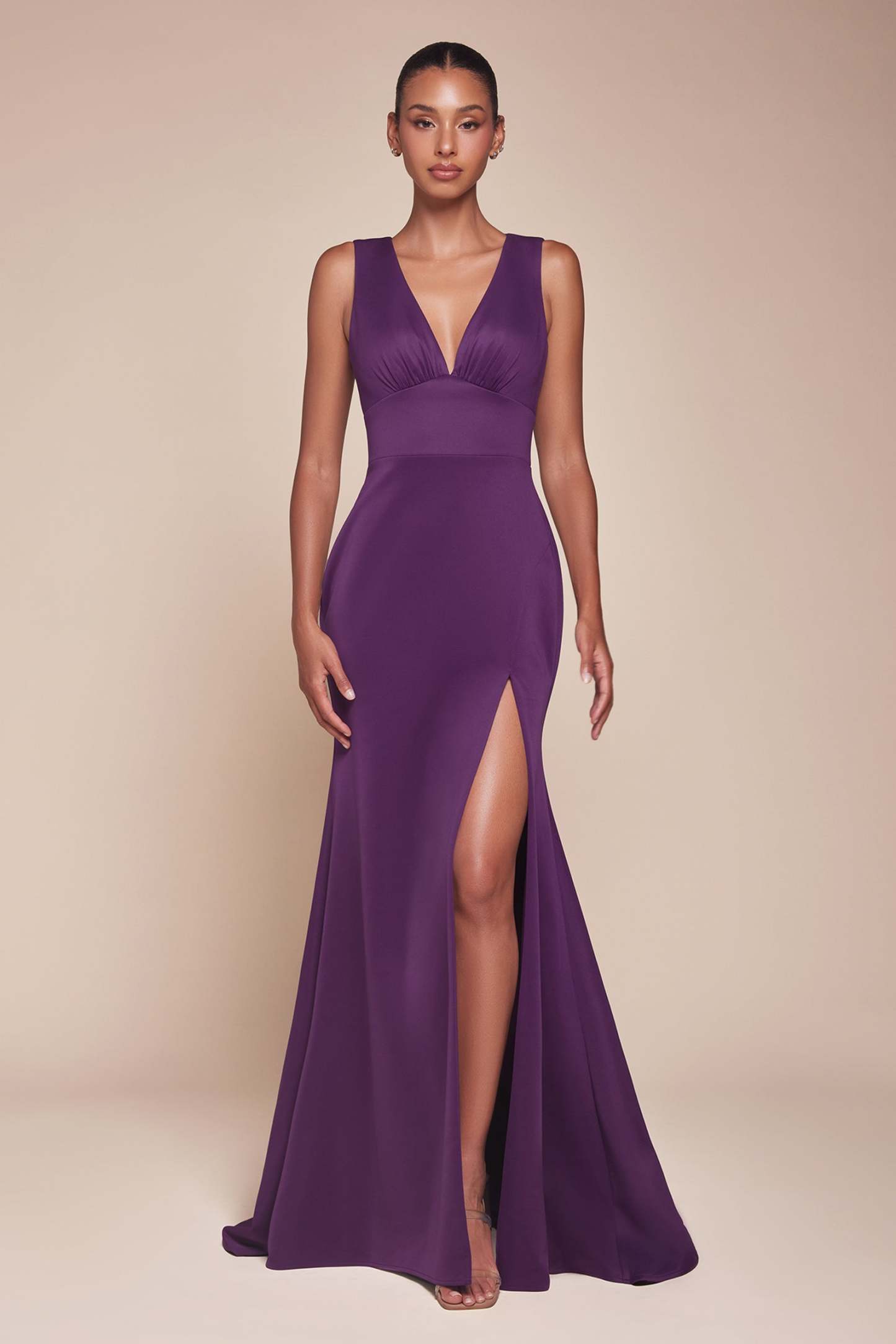 Exquisite Fitted V-Neck Slit Open Back Bridesmaid Dress #CH395