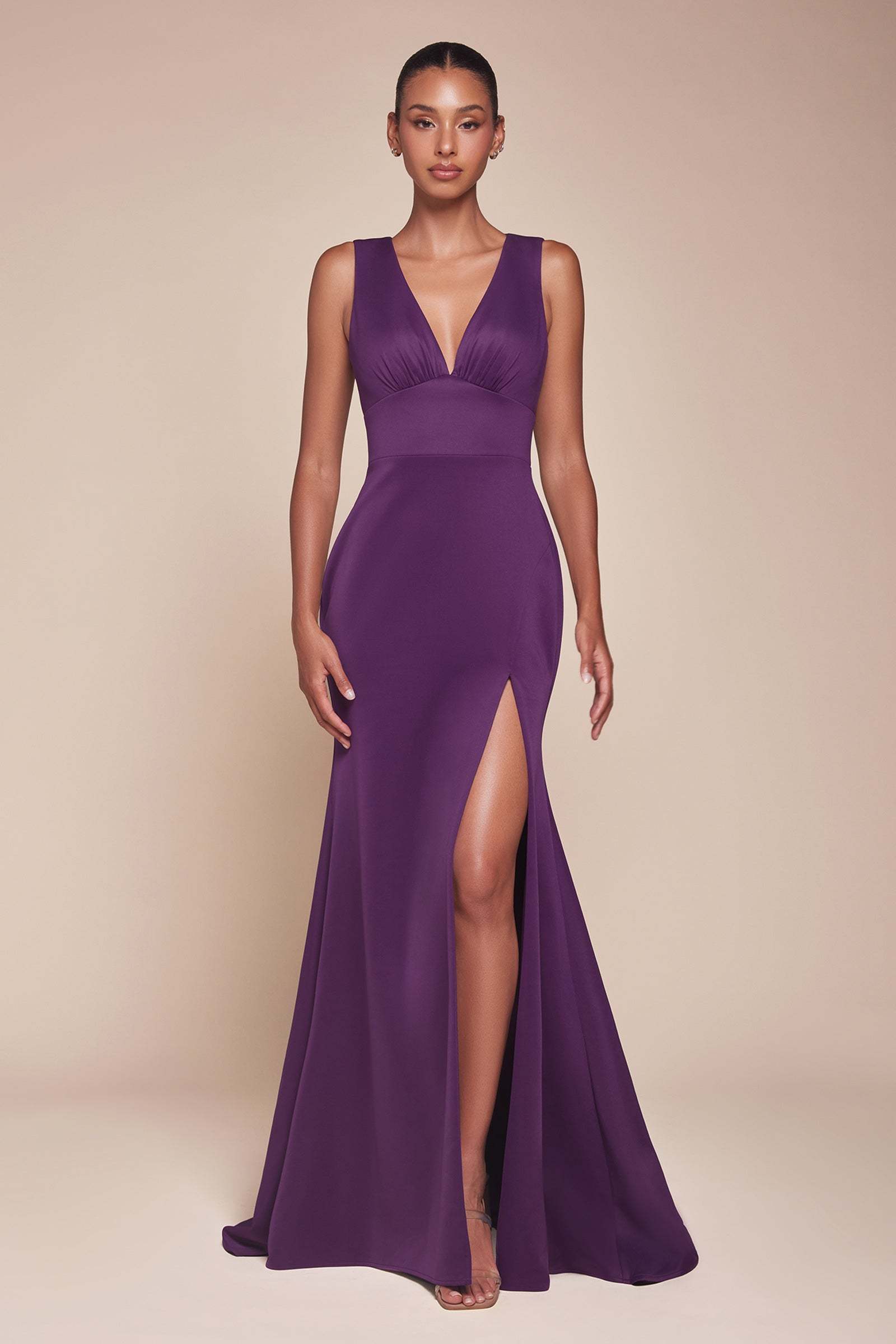 Exquisite Fitted V-Neck Slit Open Back Bridesmaid Dress #CH395