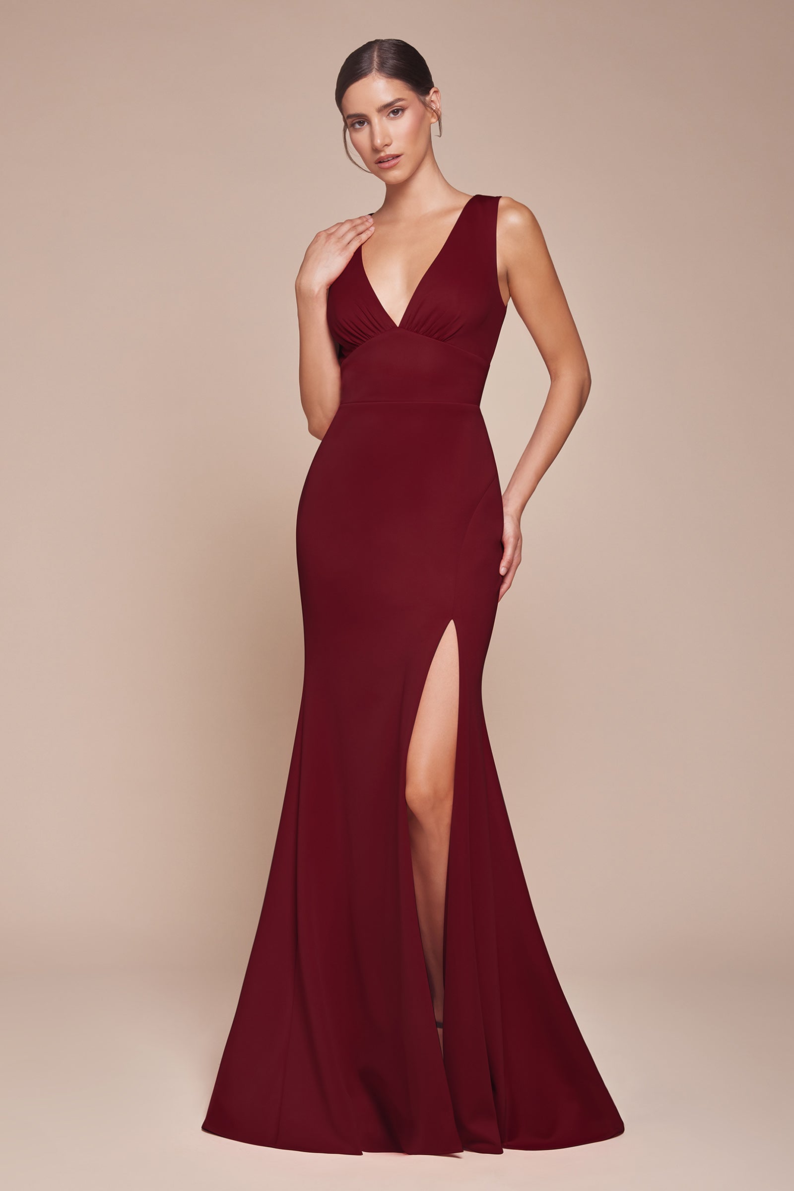 Exquisite Fitted V-Neck Slit Open Back Bridesmaid Dress #CH395