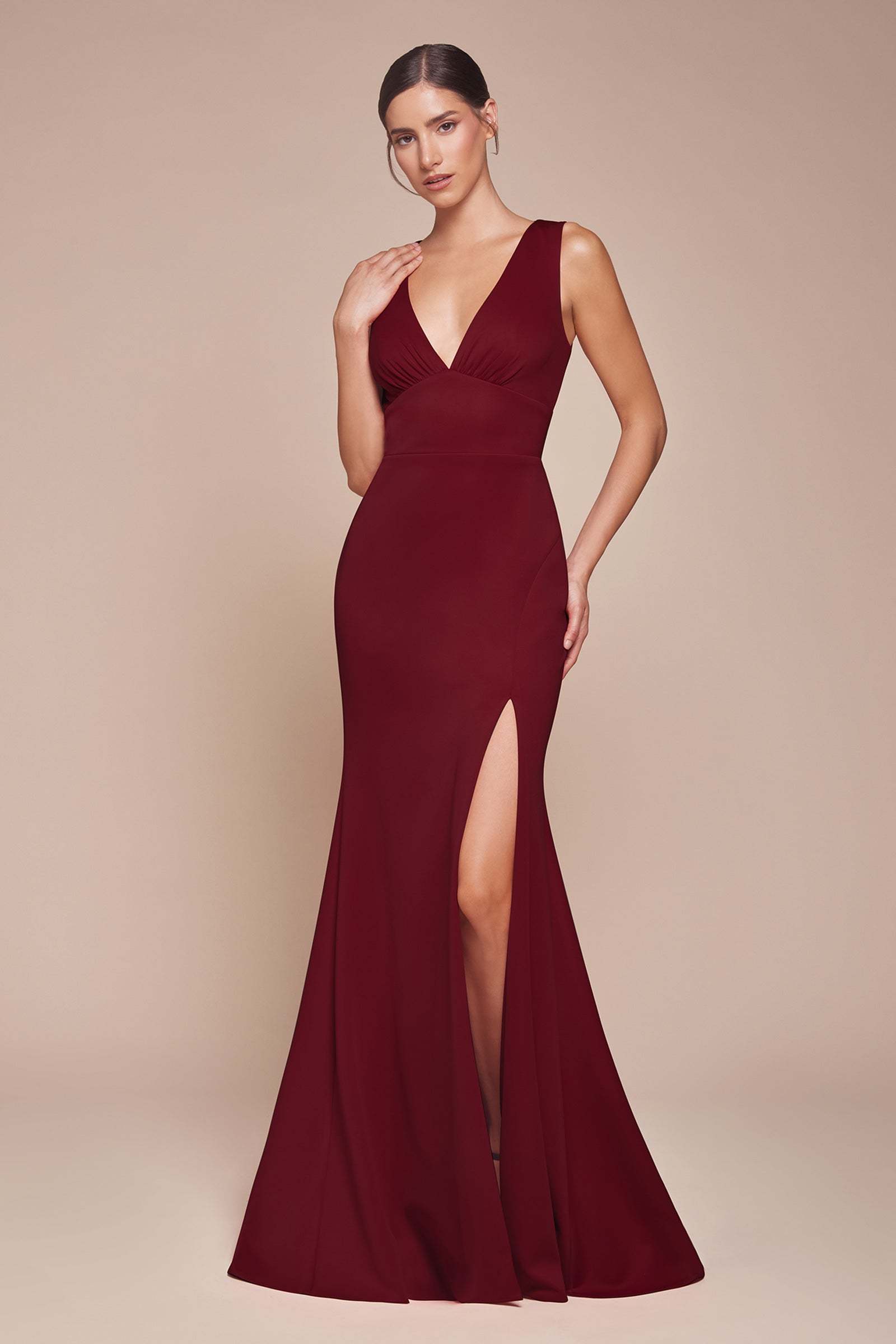 Exquisite Fitted V-Neck Slit Open Back Bridesmaid Dress #CH395