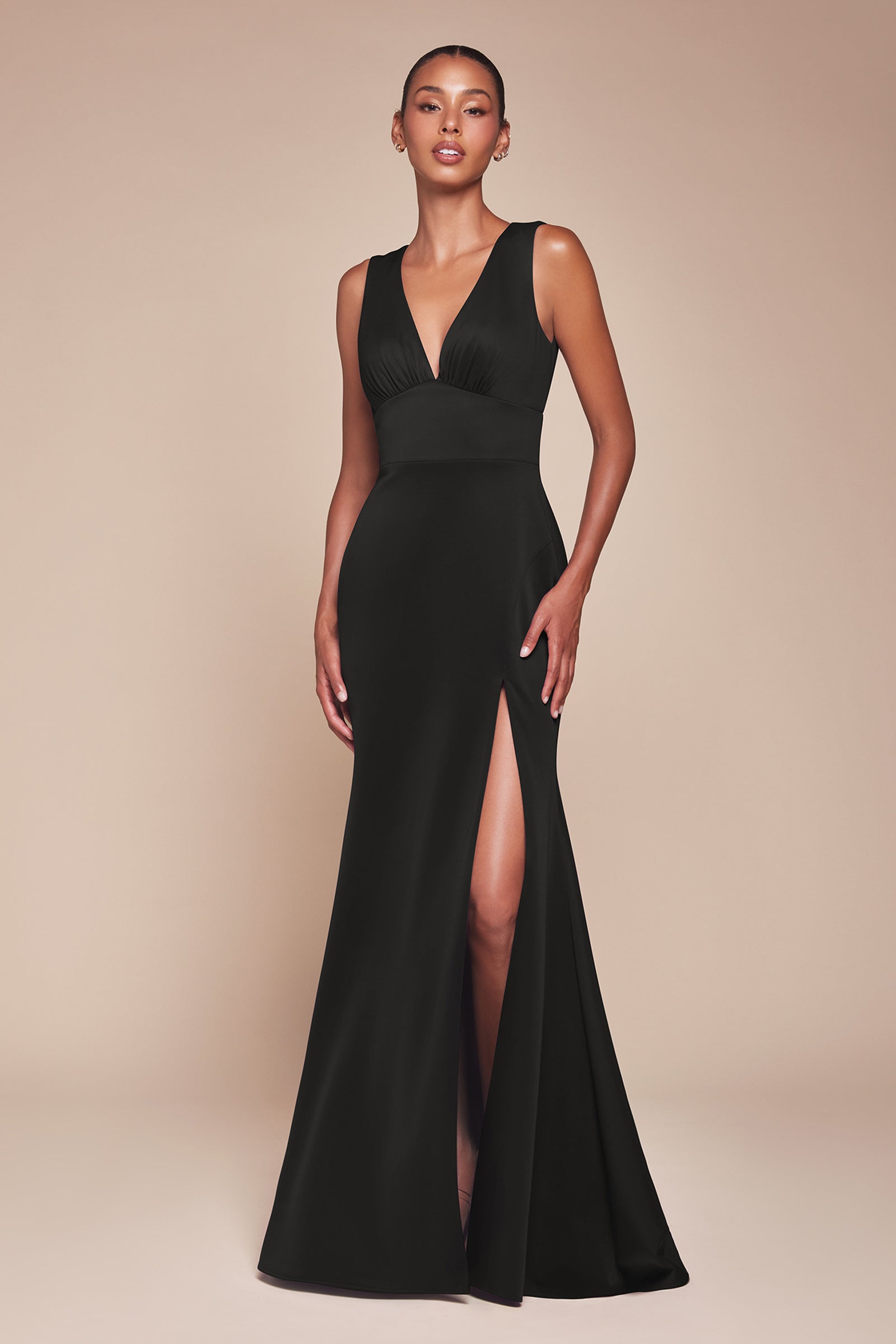 Exquisite Fitted V-Neck Slit Open Back Bridesmaid Dress #CH395
