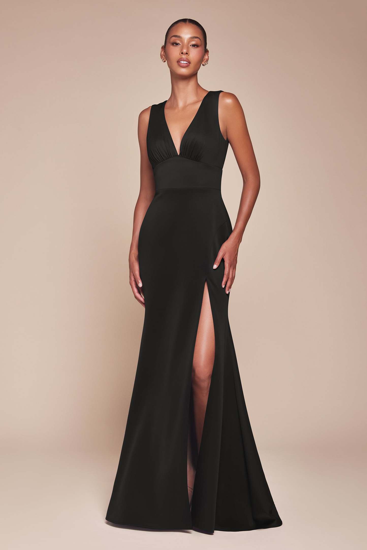 Exquisite Fitted V-Neck Slit Open Back Bridesmaid Dress #CH395