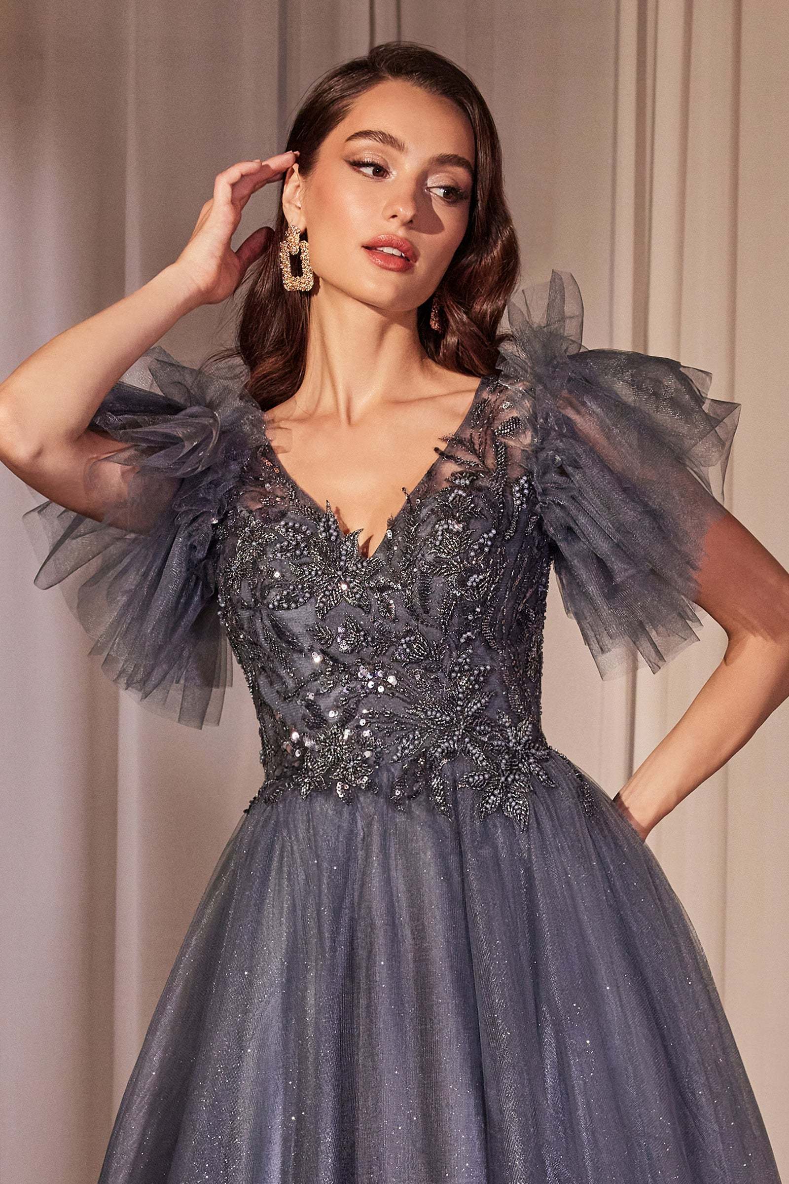 Exquisite Sequin Lace Midnight Blue Layered Glitter Tulle Gown #CM359