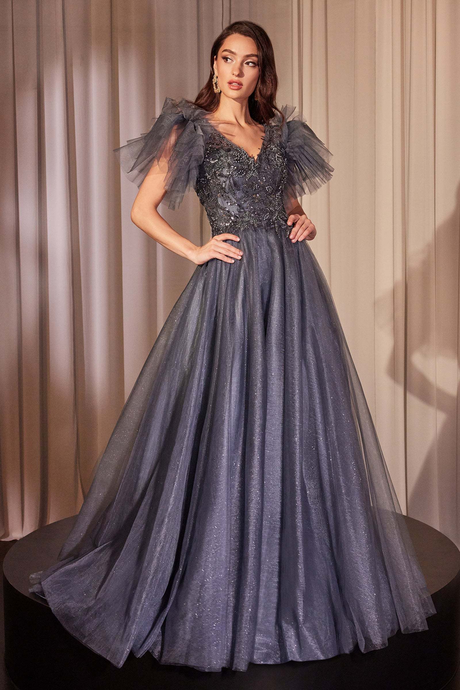 Exquisite Sequin Lace Midnight Blue Layered Glitter Tulle Gown #CM359