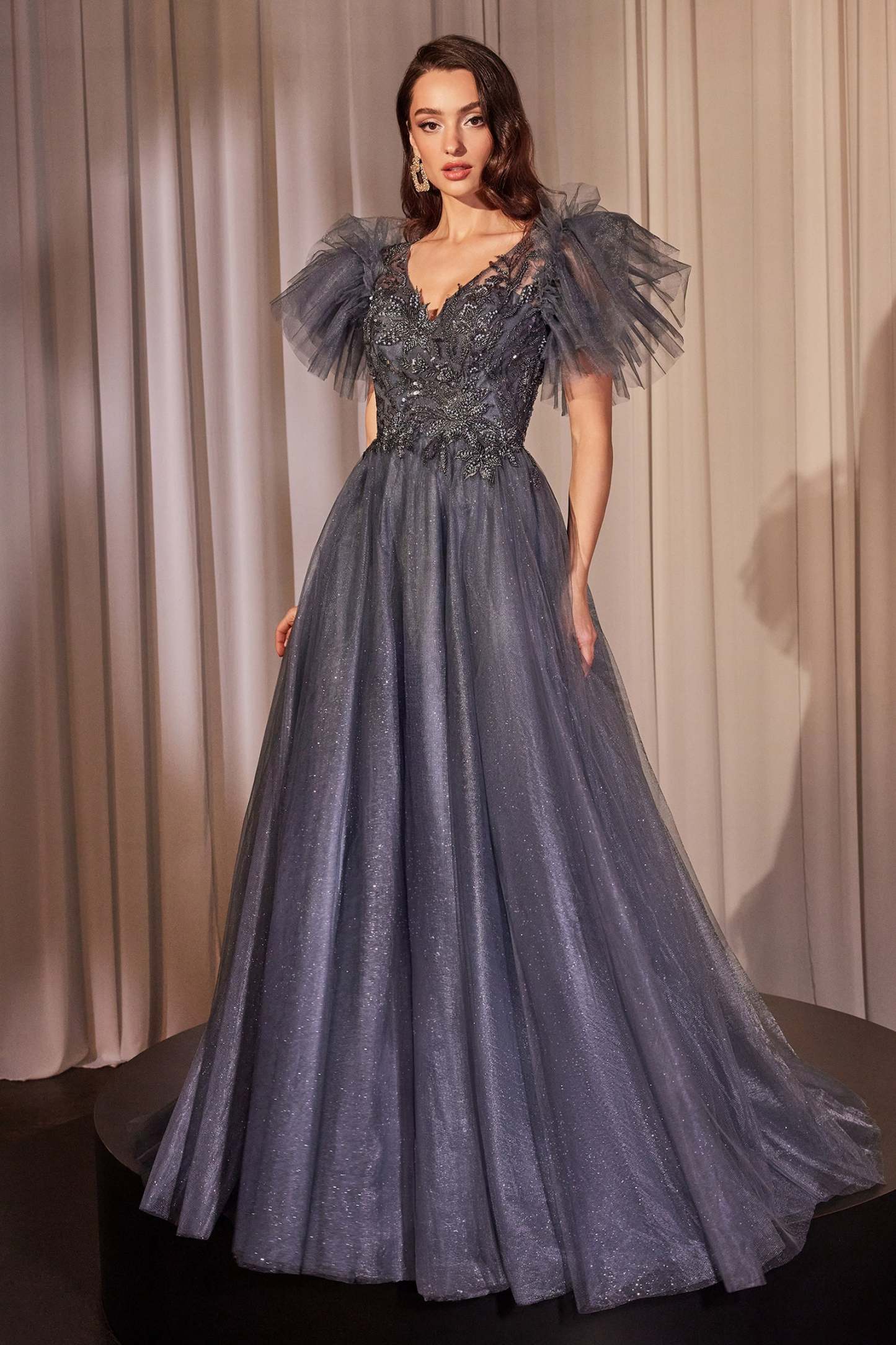 Exquisite Sequin Lace Midnight Blue Layered Glitter Tulle Gown #CM359