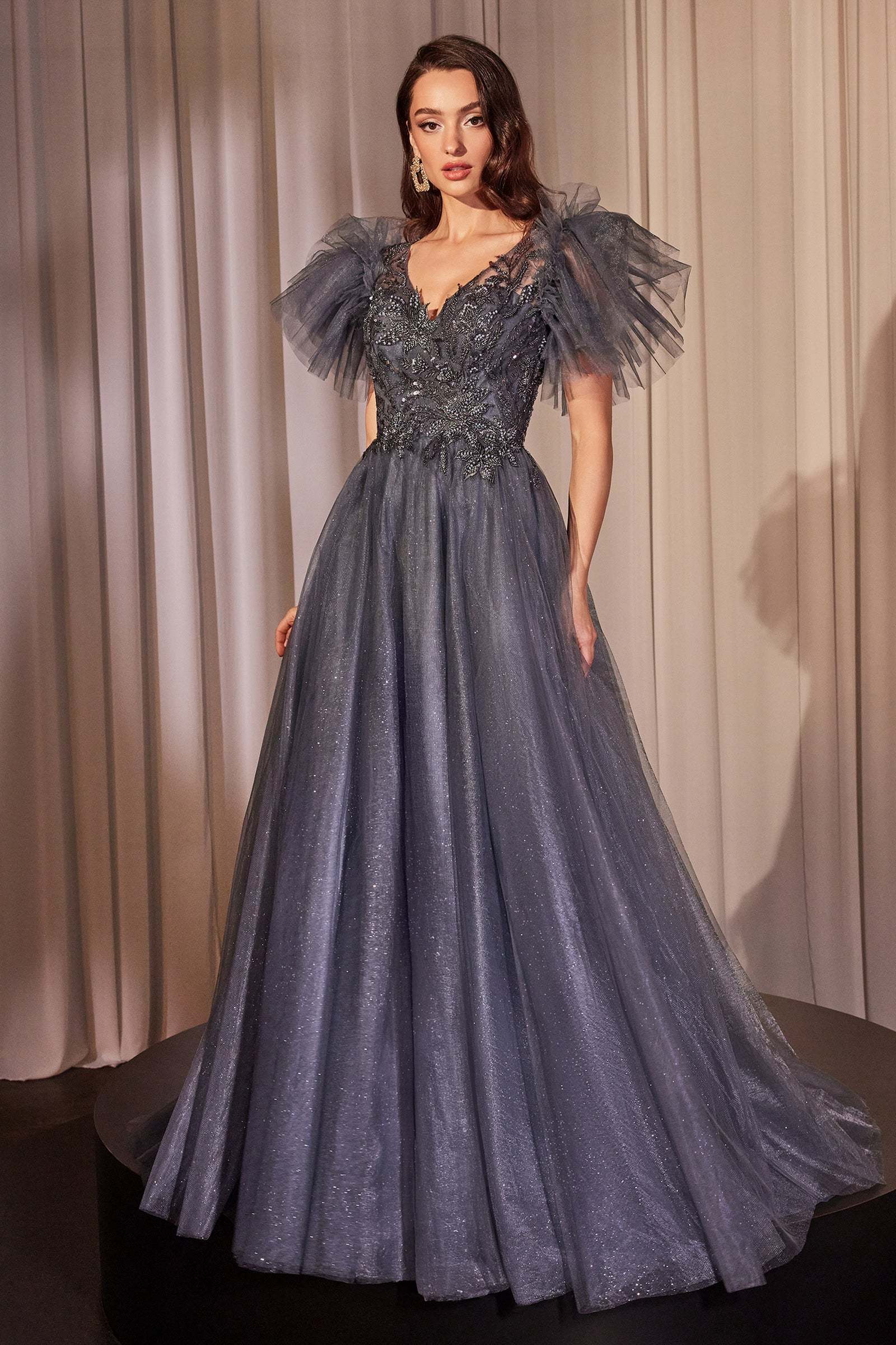 Exquisite Sequin Lace Midnight Blue Layered Glitter Tulle Gown #CM359
