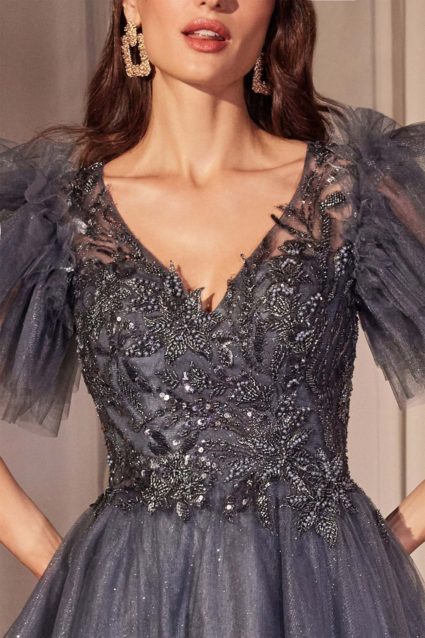 Exquisite Sequin Lace Midnight Blue Layered Glitter Tulle Gown #CM359