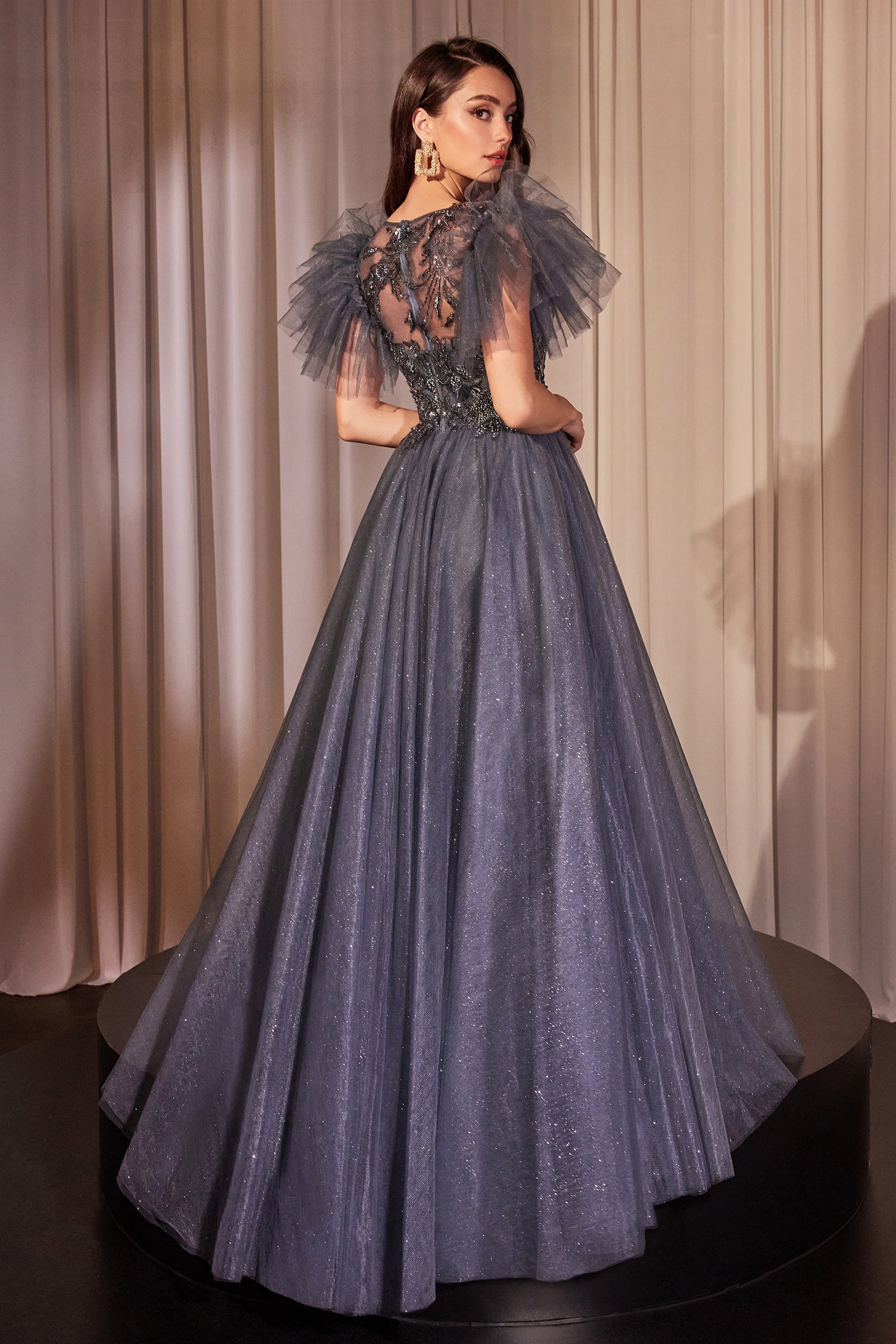 Exquisite Sequin Lace Midnight Blue Layered Glitter Tulle Gown #CM359
