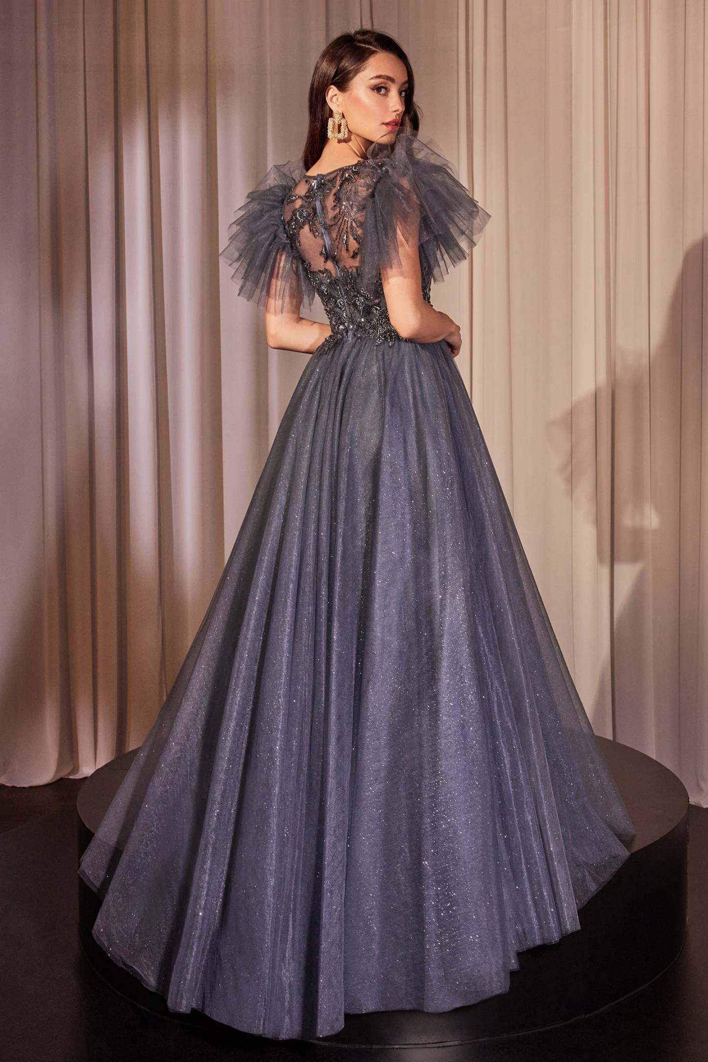 Exquisite Sequin Lace Midnight Blue Layered Glitter Tulle Gown #CM359