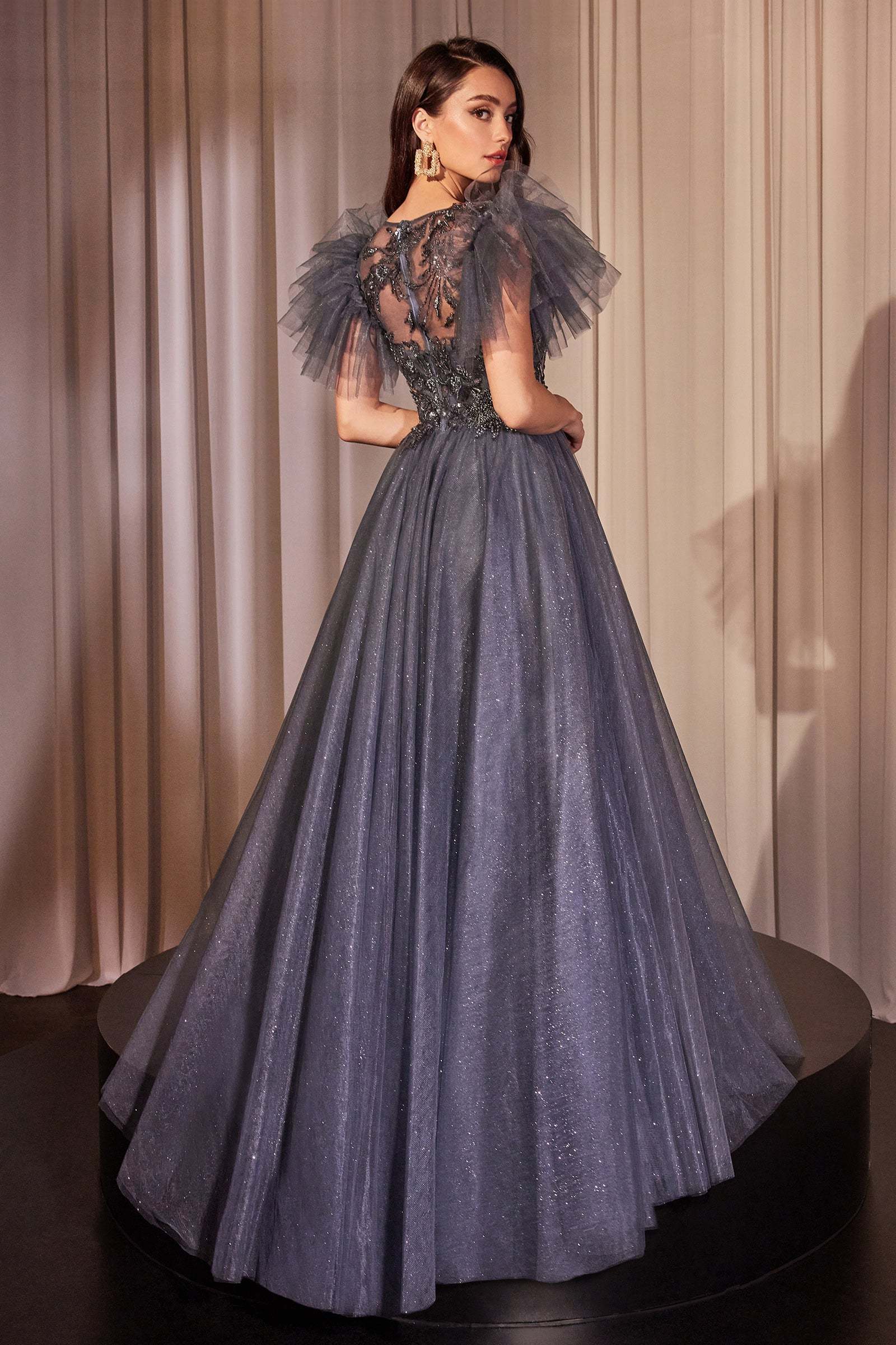 Exquisite Sequin Lace Midnight Blue Layered Glitter Tulle Gown #CM359