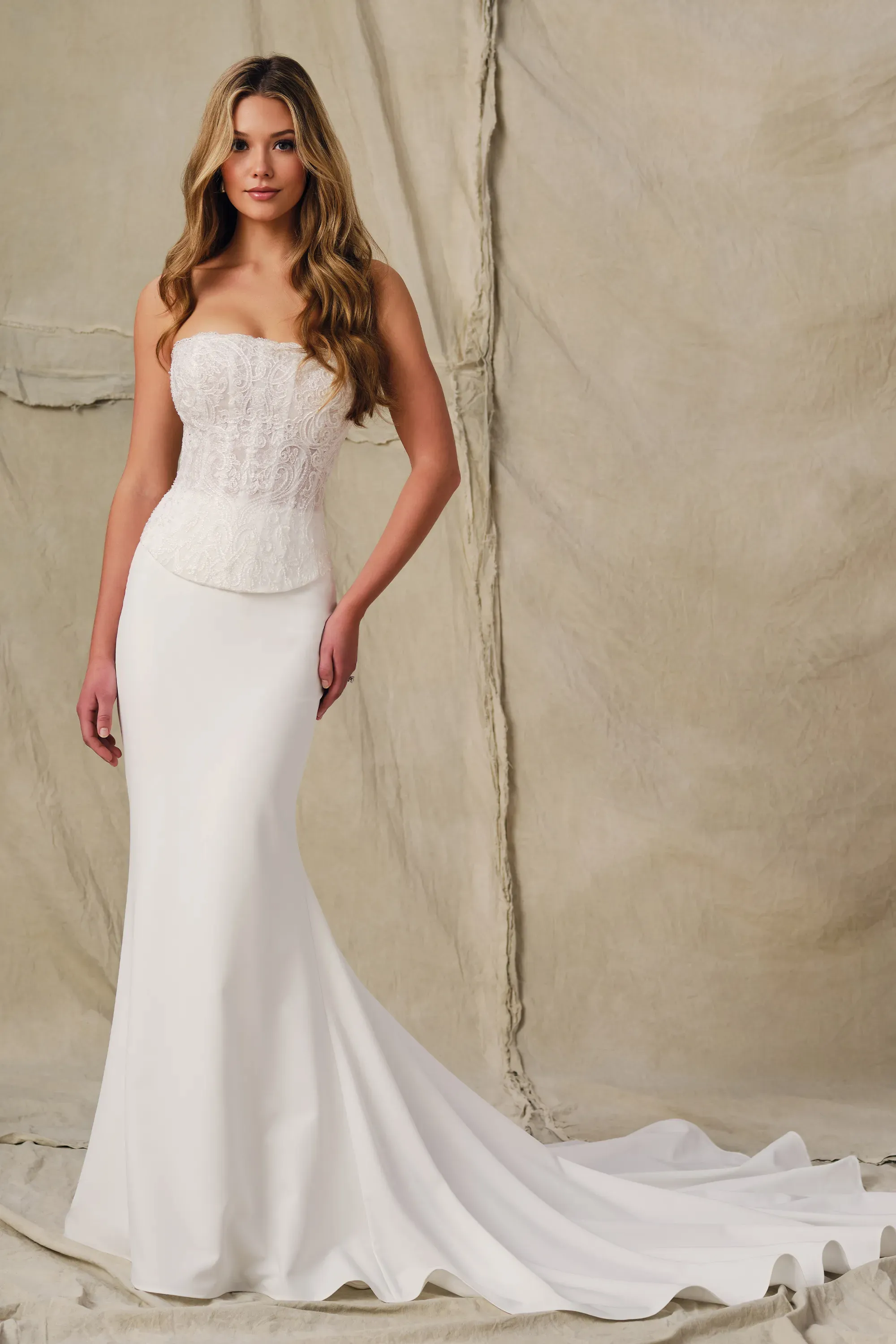 Mermaid Strapless Tulle Embroidered Wedding Dress Enchanting by Mon Cheri E421