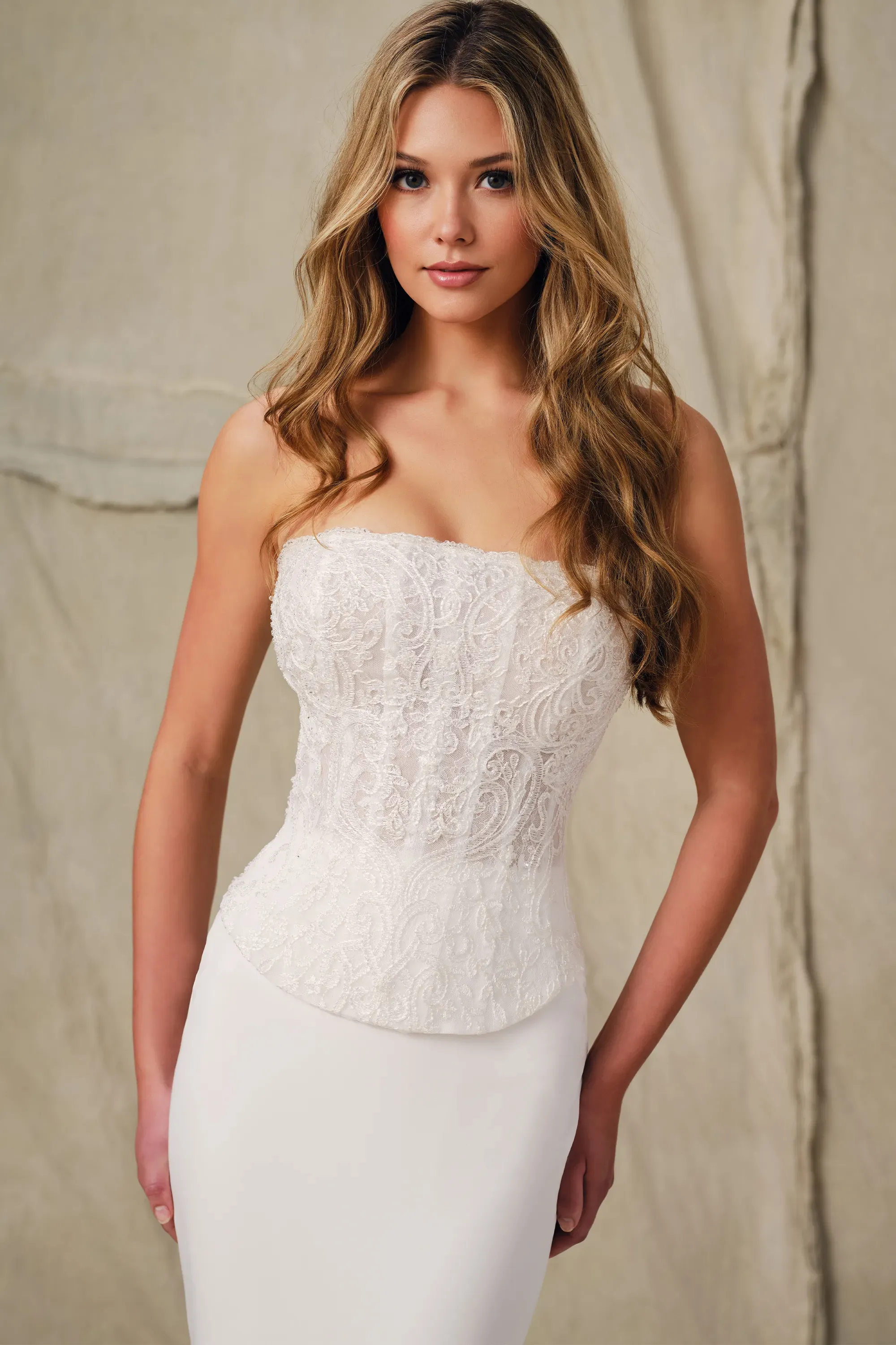 Mermaid Strapless Tulle Embroidered Wedding Dress Enchanting by Mon Cheri E421