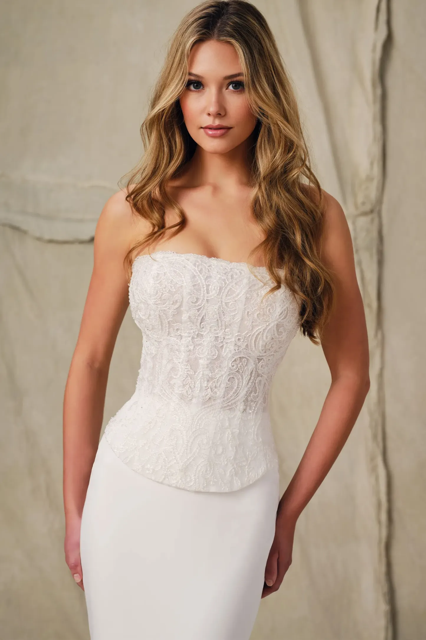 Mermaid Strapless Tulle Embroidered Wedding Dress Enchanting by Mon Cheri E421