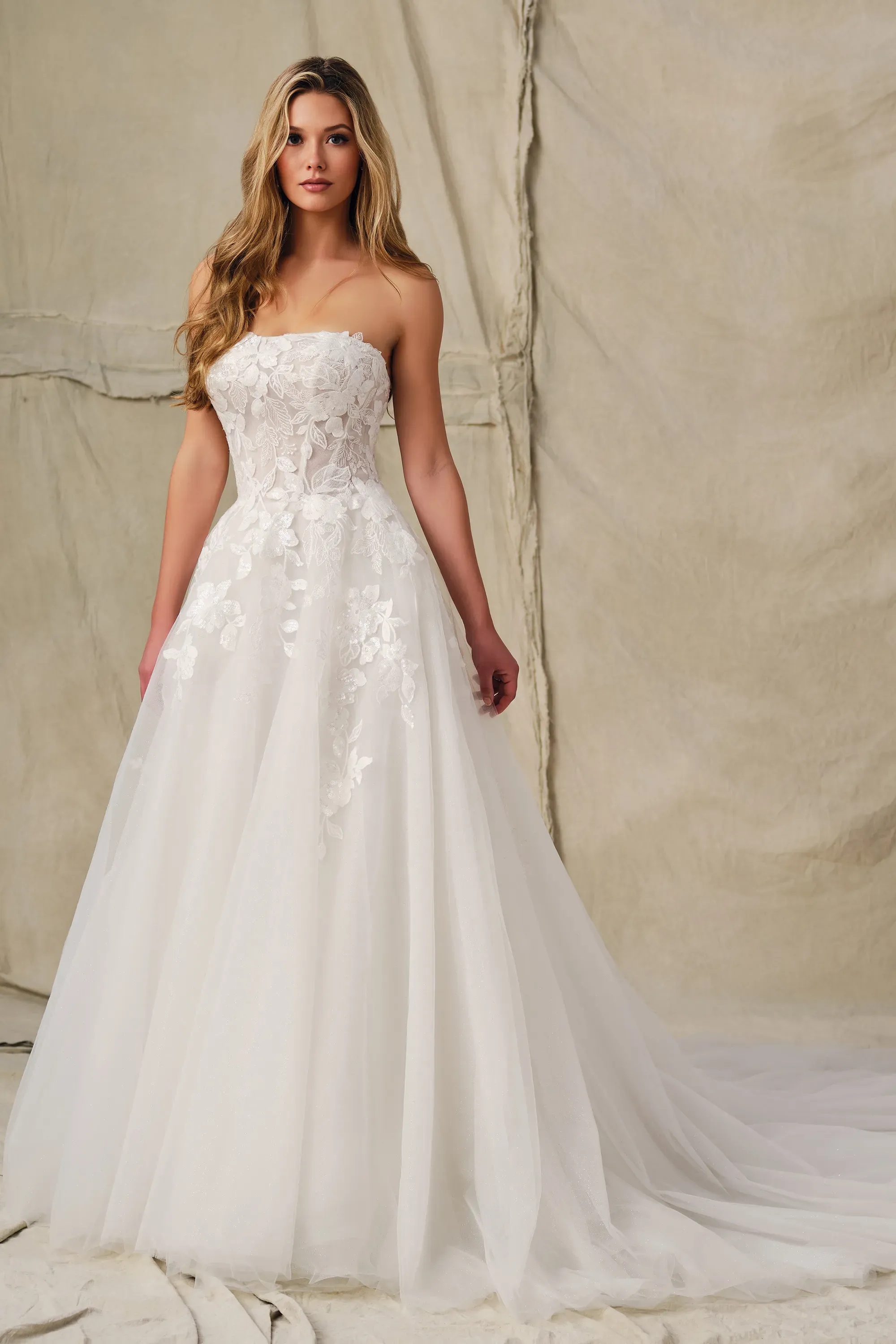 A-Line Strapless Lace Appliques Sequin Wedding Dress Enchanting by Mon Cheri E427
