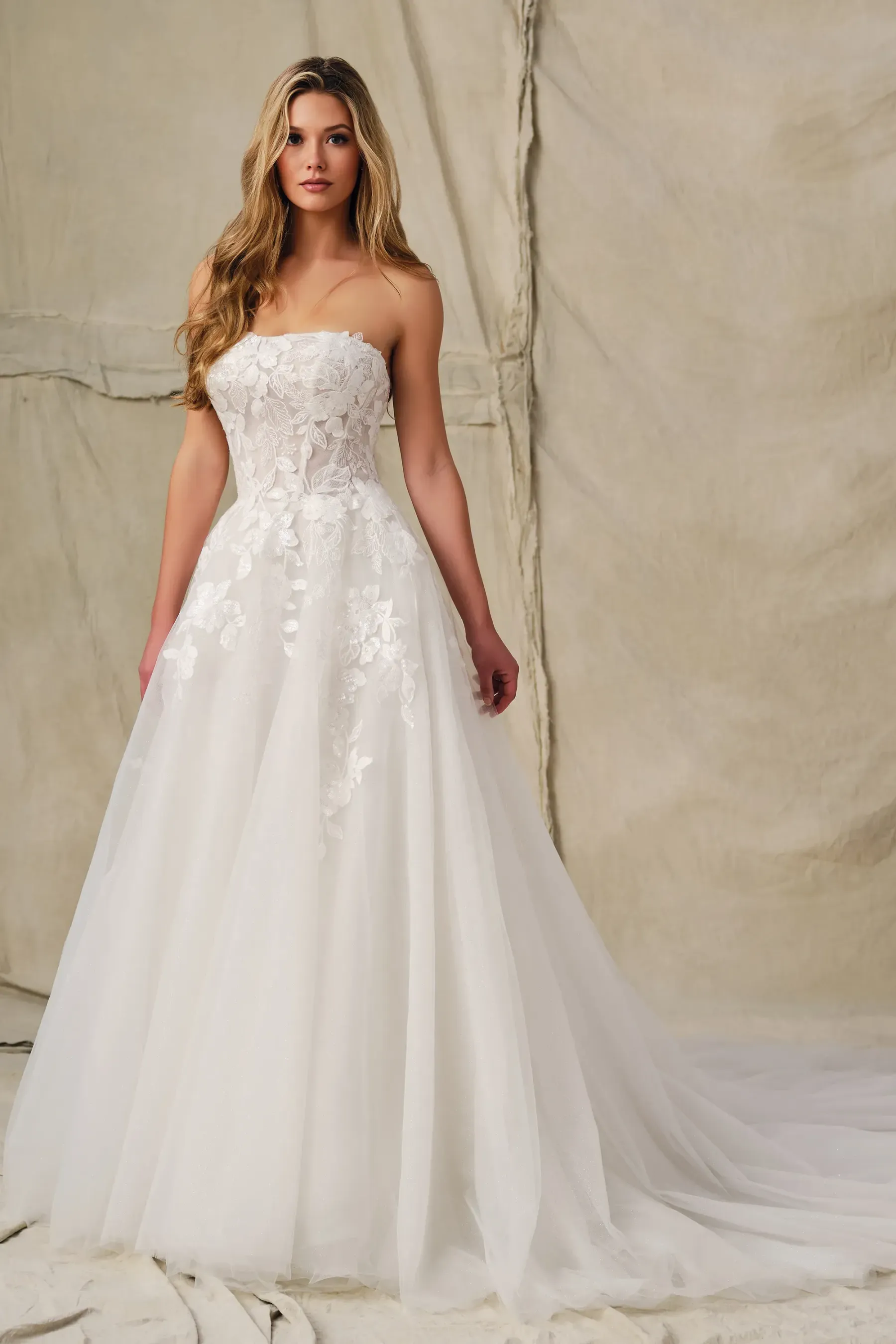 A-Line Strapless Lace Appliques Sequin Wedding Dress Enchanting by Mon Cheri E427