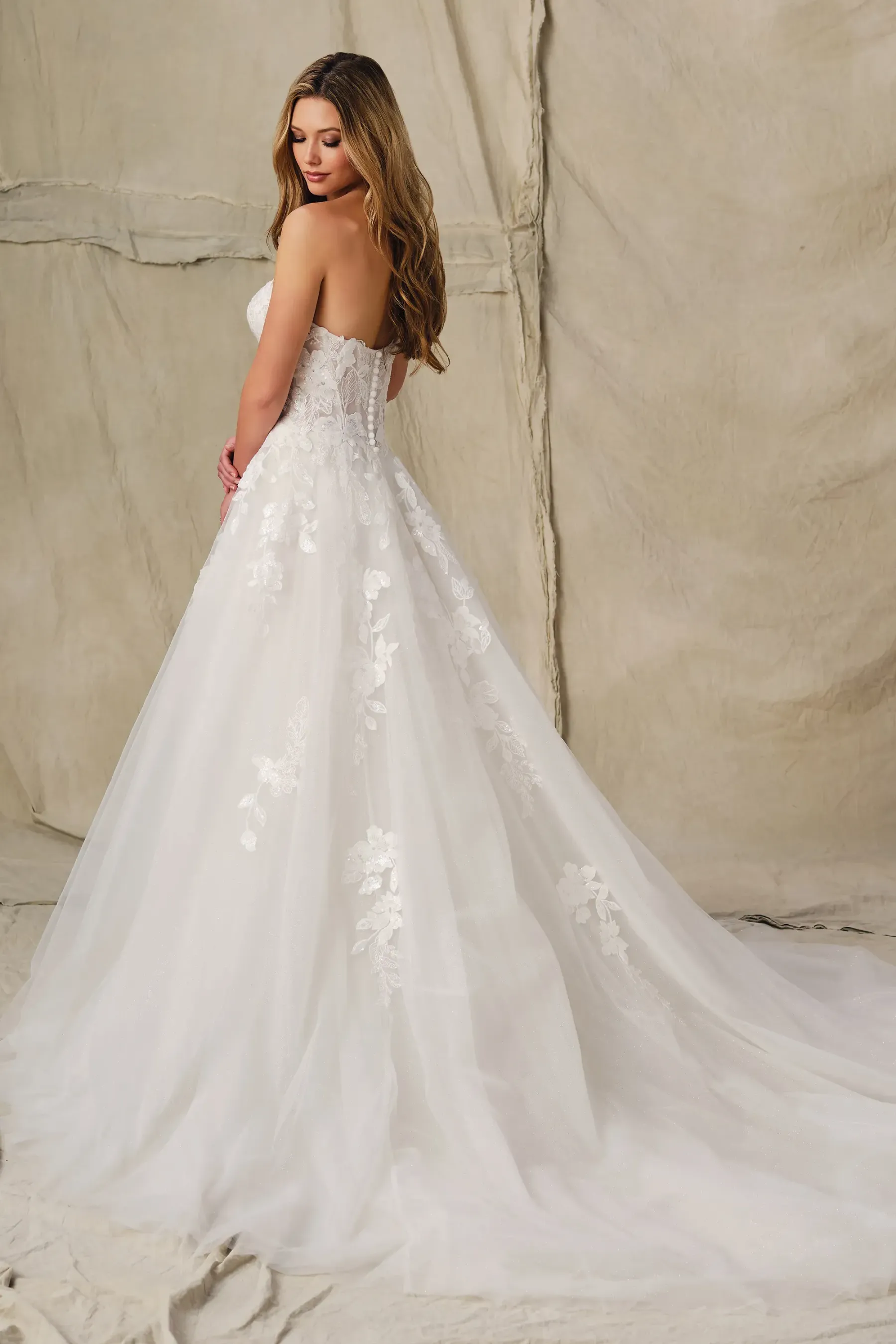 A-Line Strapless Lace Appliques Sequin Wedding Dress Enchanting by Mon Cheri E427