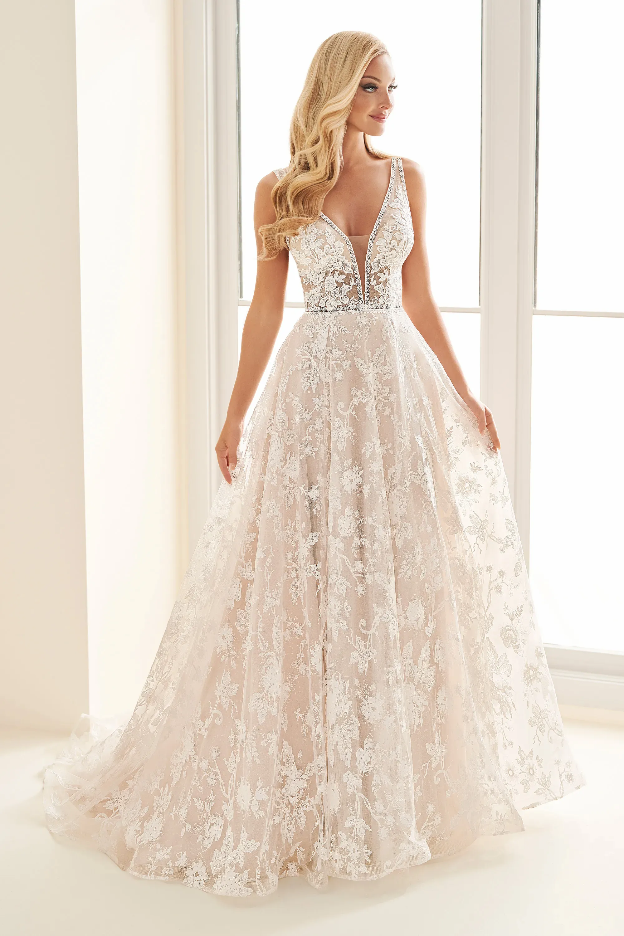 A-Line Plunging V-Neck Allover Lace Wedding Dress Enchanting by Mon Cheri E510