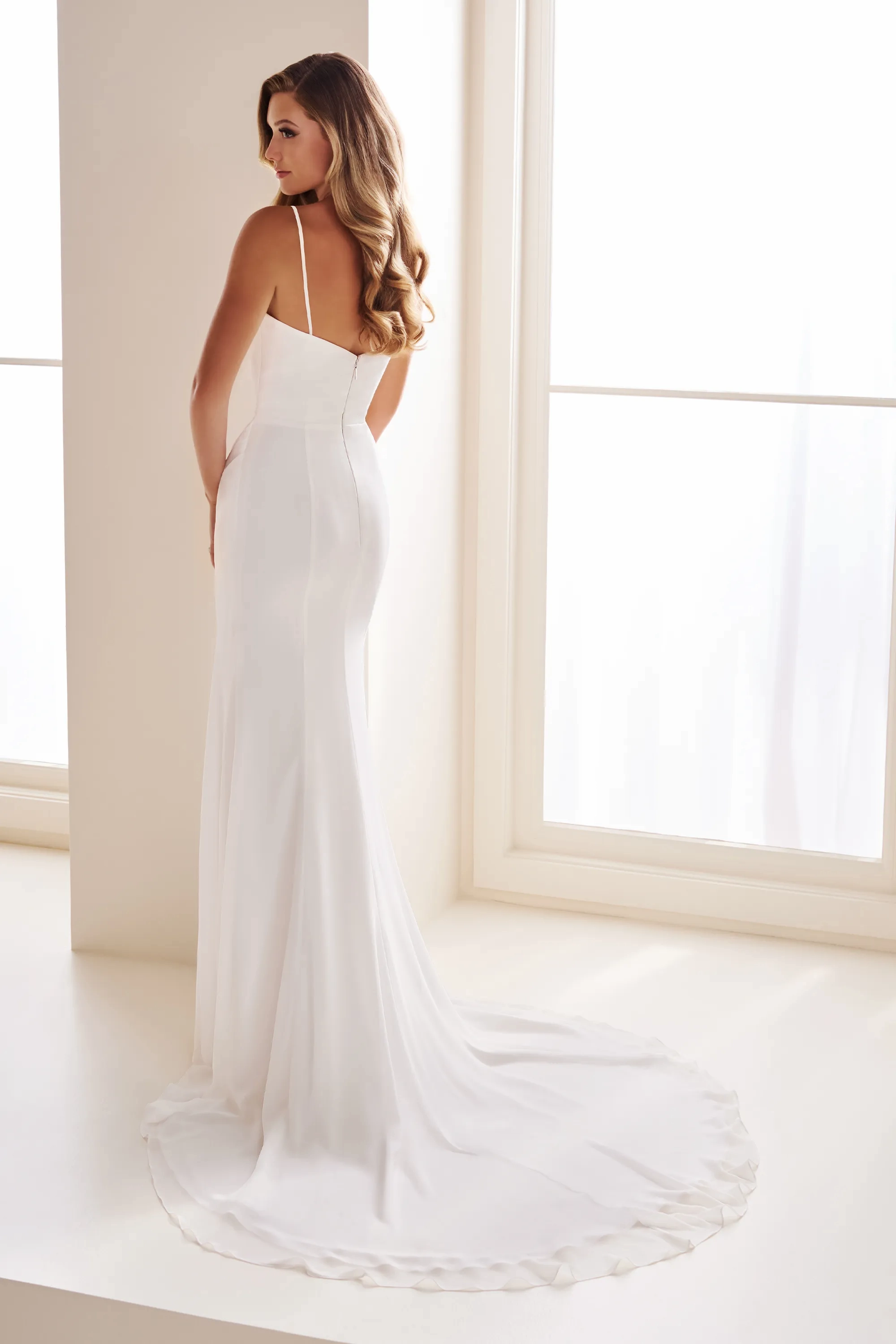 Fit & Flare Spaghetti Strap Curved Chiffon Wedding Dress Enchanting by Mon Cheri E601