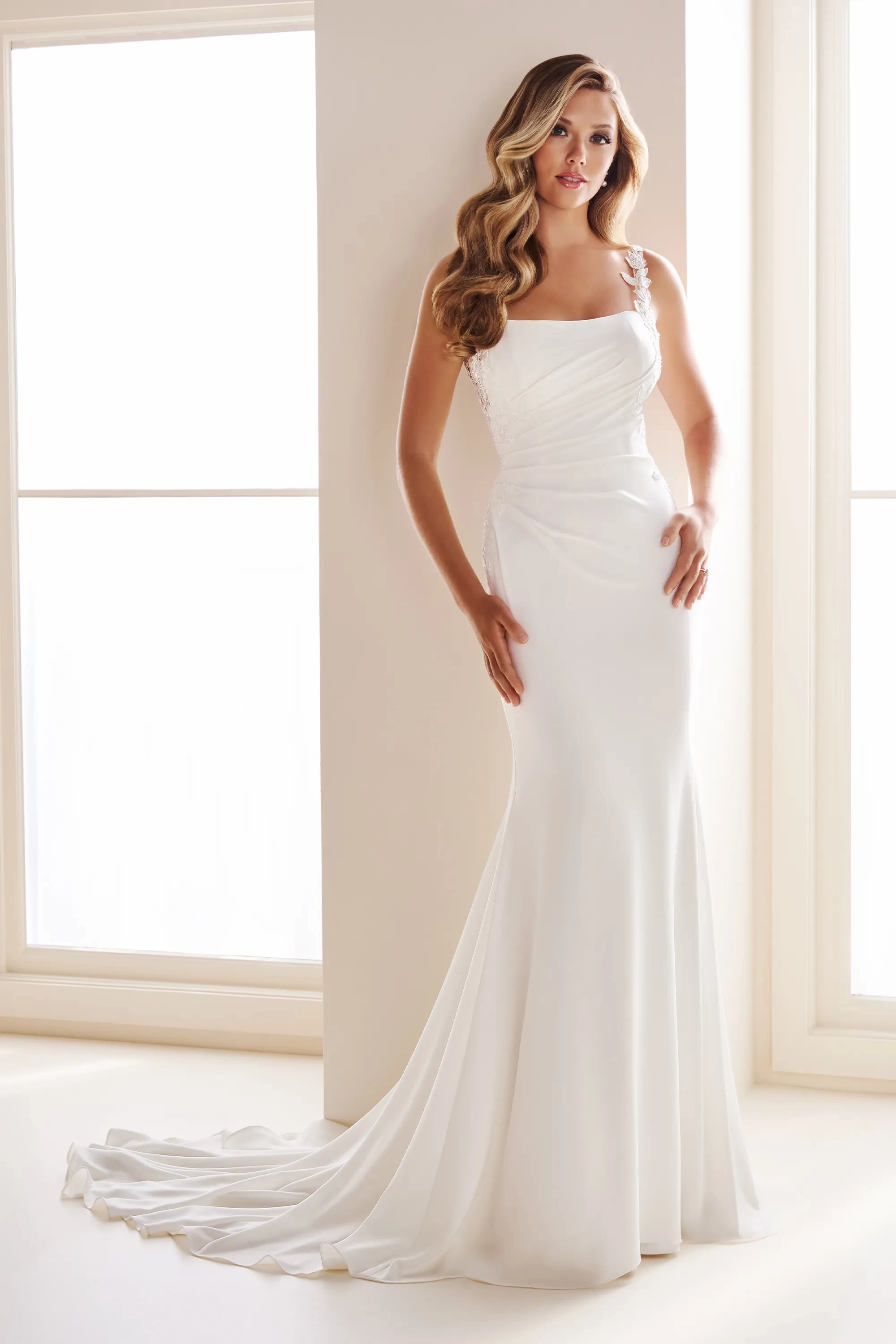 Fit and Flare Curved Lace Applique Wedding Dress Enchanting by Mon Cheri E604