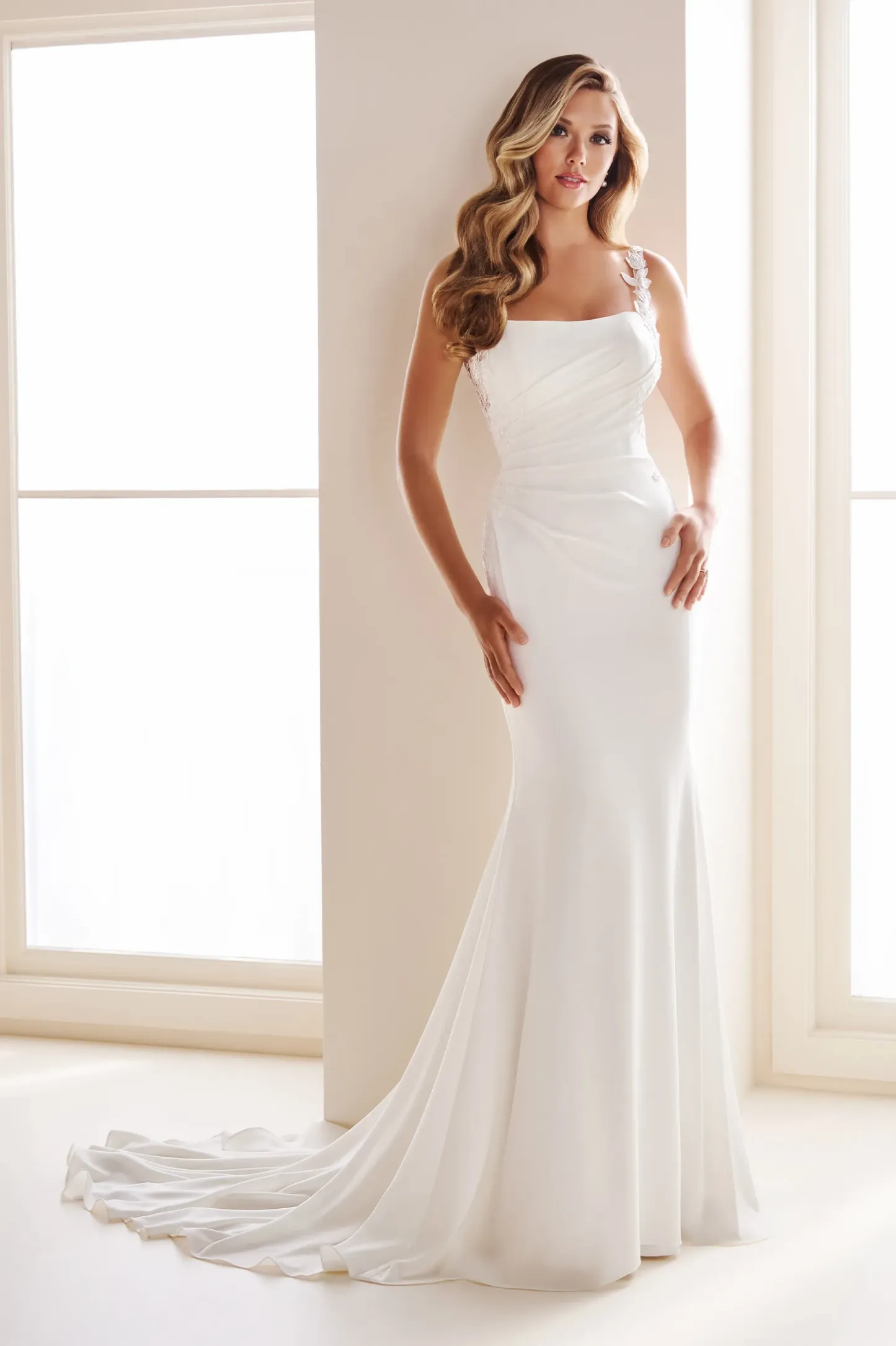 Fit and Flare Curved Lace Applique Wedding Dress Enchanting by Mon Cheri E604