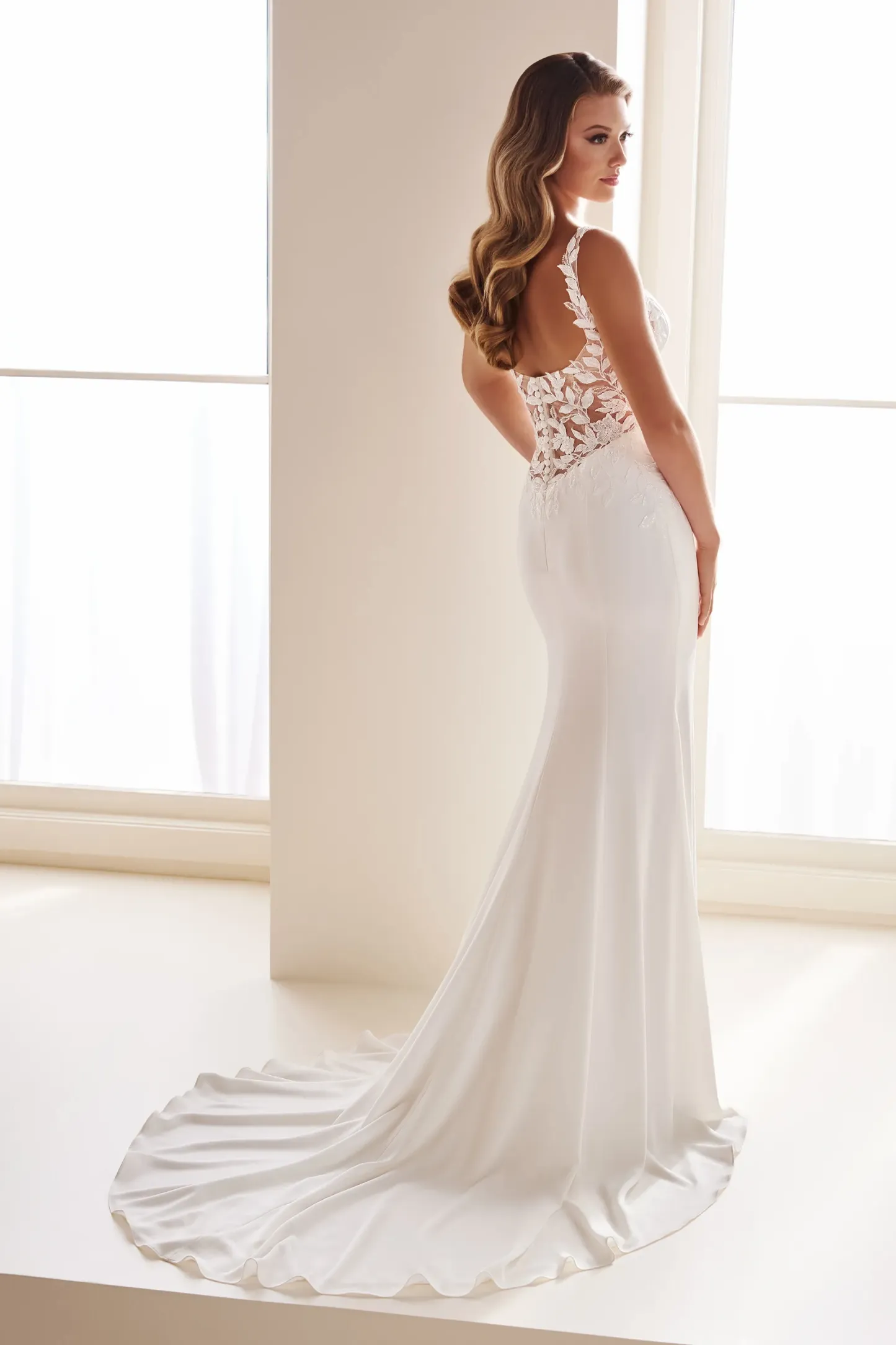 Fit and Flare Curved Lace Applique Wedding Dress Enchanting by Mon Cheri E604