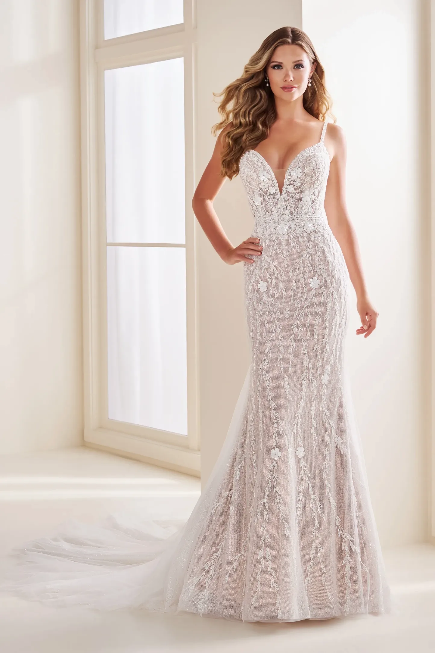 Mermaid Plunging V-neck 3D Flowers Wedding Dress Enchanting by Mon Cheri E608