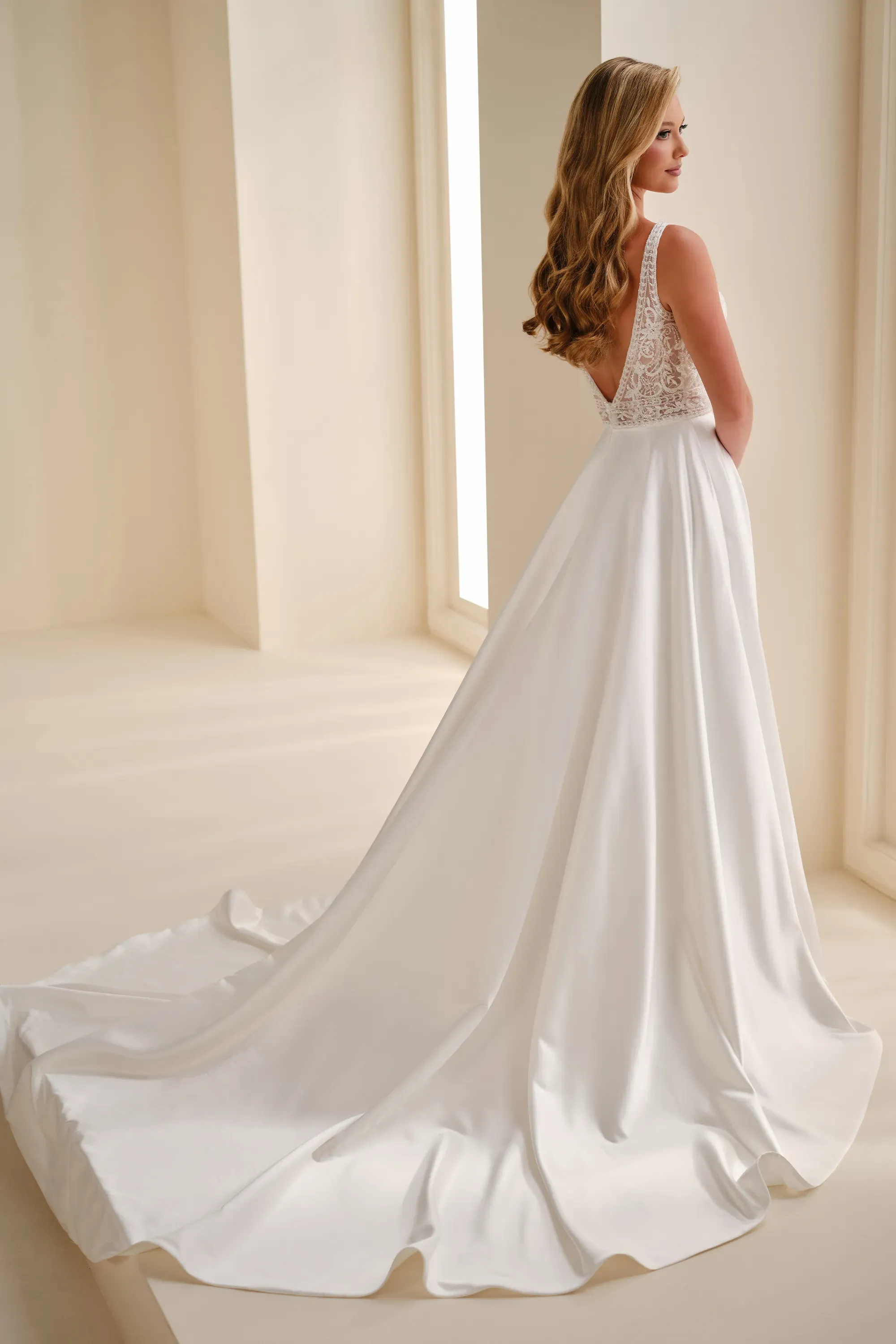 A-Line V-Neck Allover Lace Wedding Dress Enchanting by Mon Cheri E626