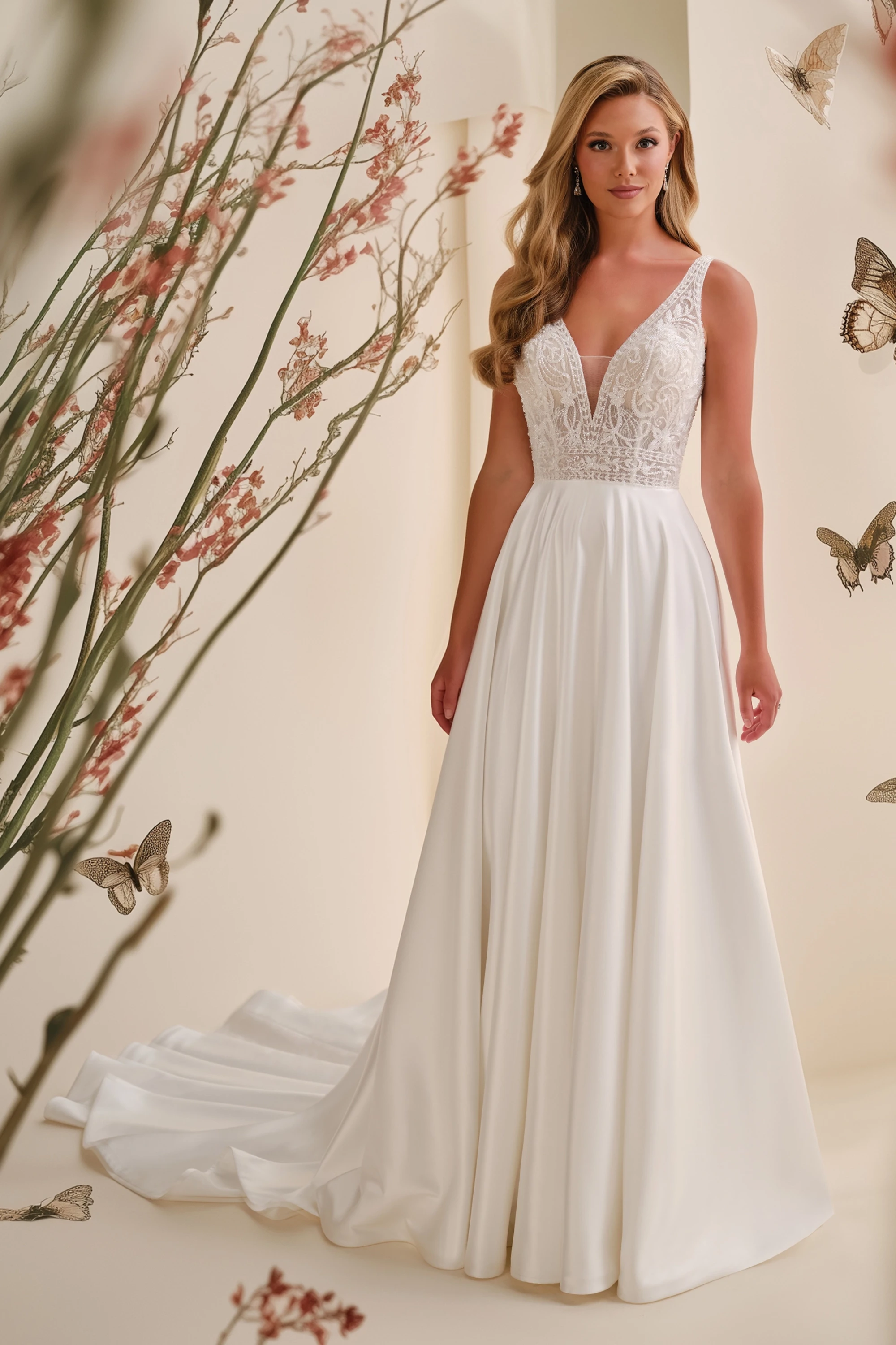 A-Line V-Neck Allover Lace Wedding Dress Enchanting by Mon Cheri E626