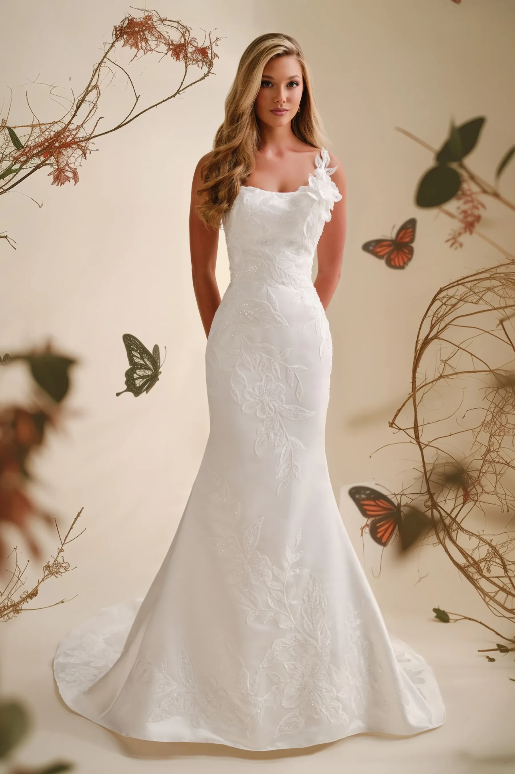 Mermaid Curved 3D Lace Flowers Wedding Dress Enchanting by Mon Cheri E627