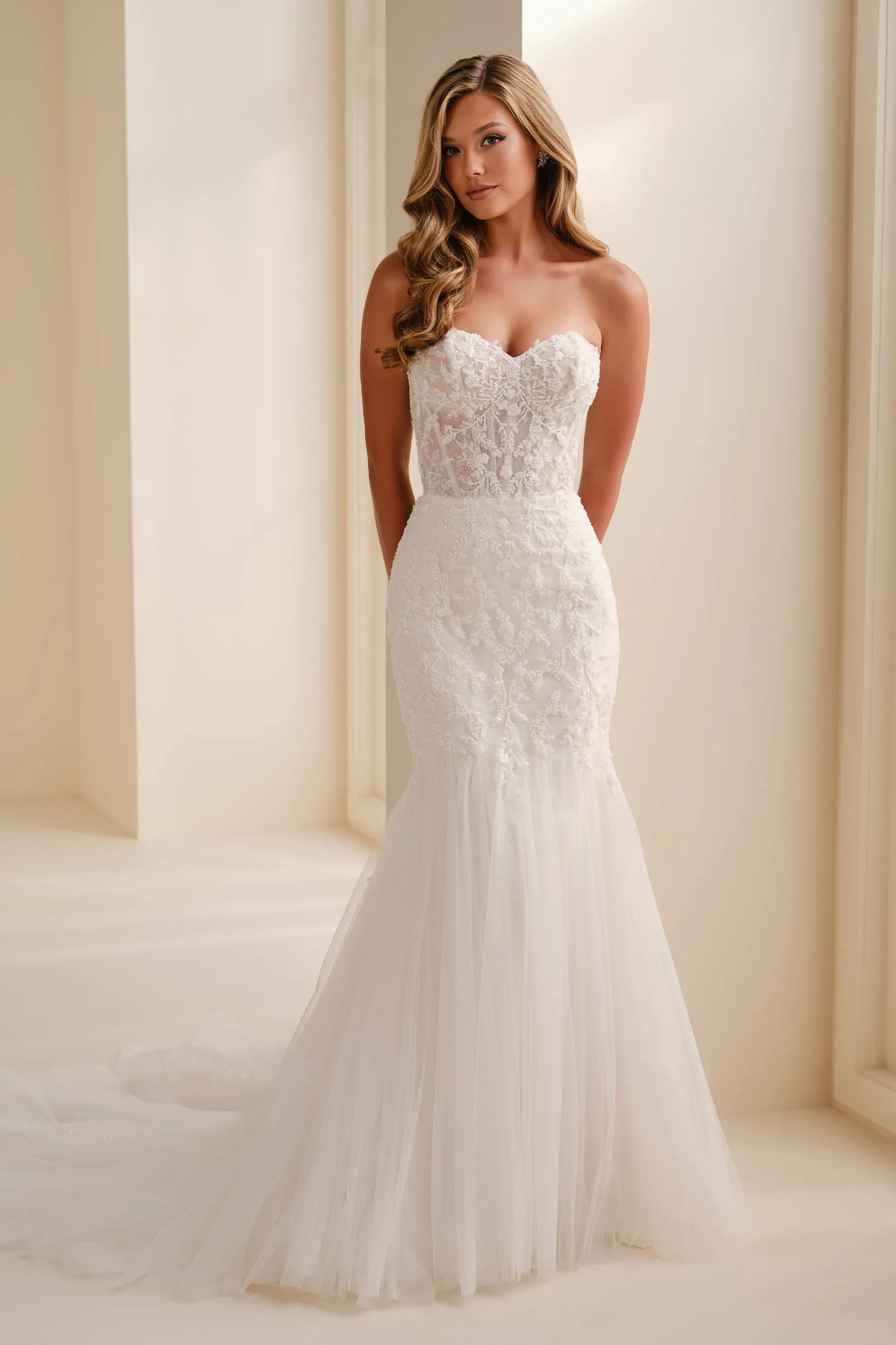 Mermaid Sweetheart Lace Applique Wedding Dress Enchanting by Mon Cheri E629