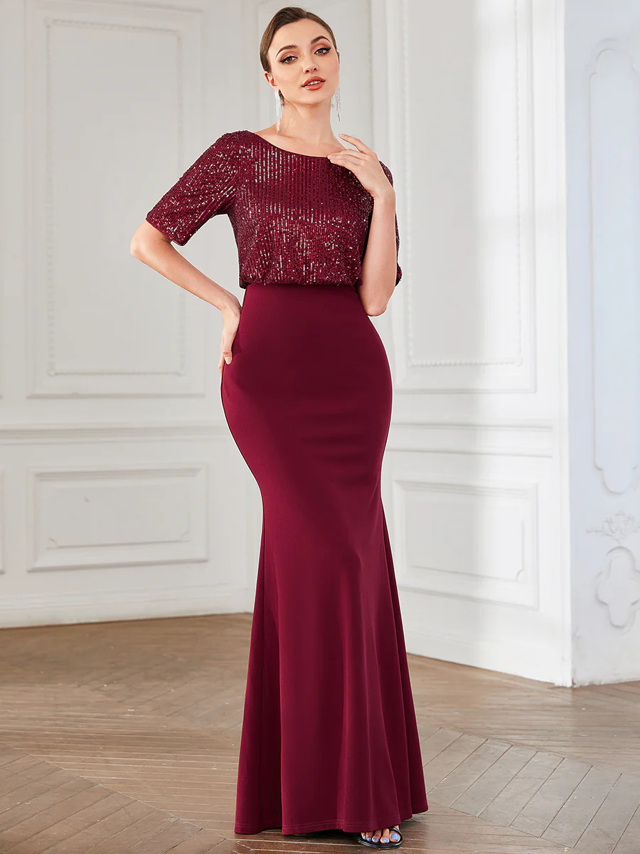 Round Neck Fishtail Bridesmaid Dress with Half Sleeves #EMEE01395
