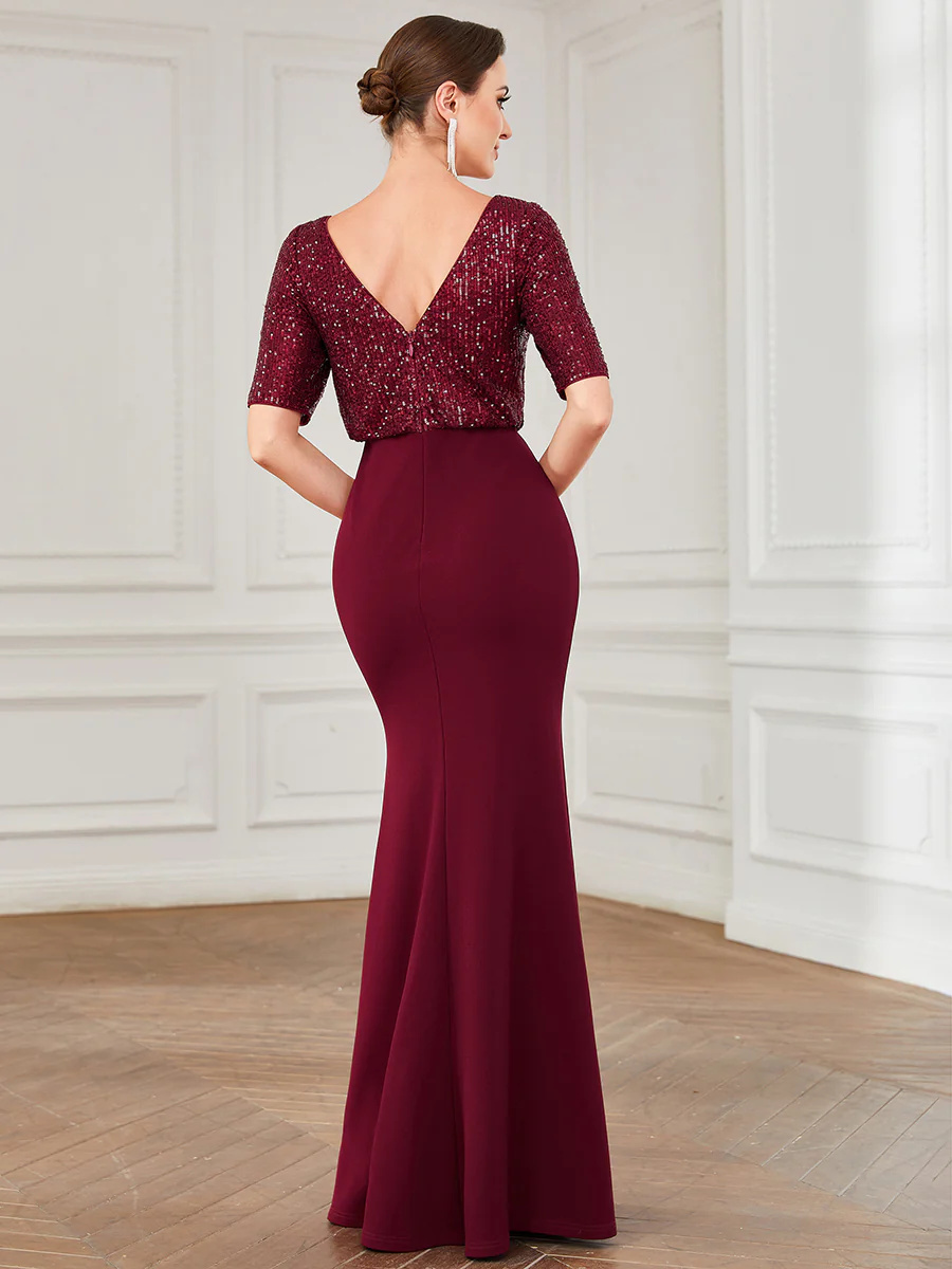 Round Neck Fishtail Bridesmaid Dress with Half Sleeves #EMEE01395