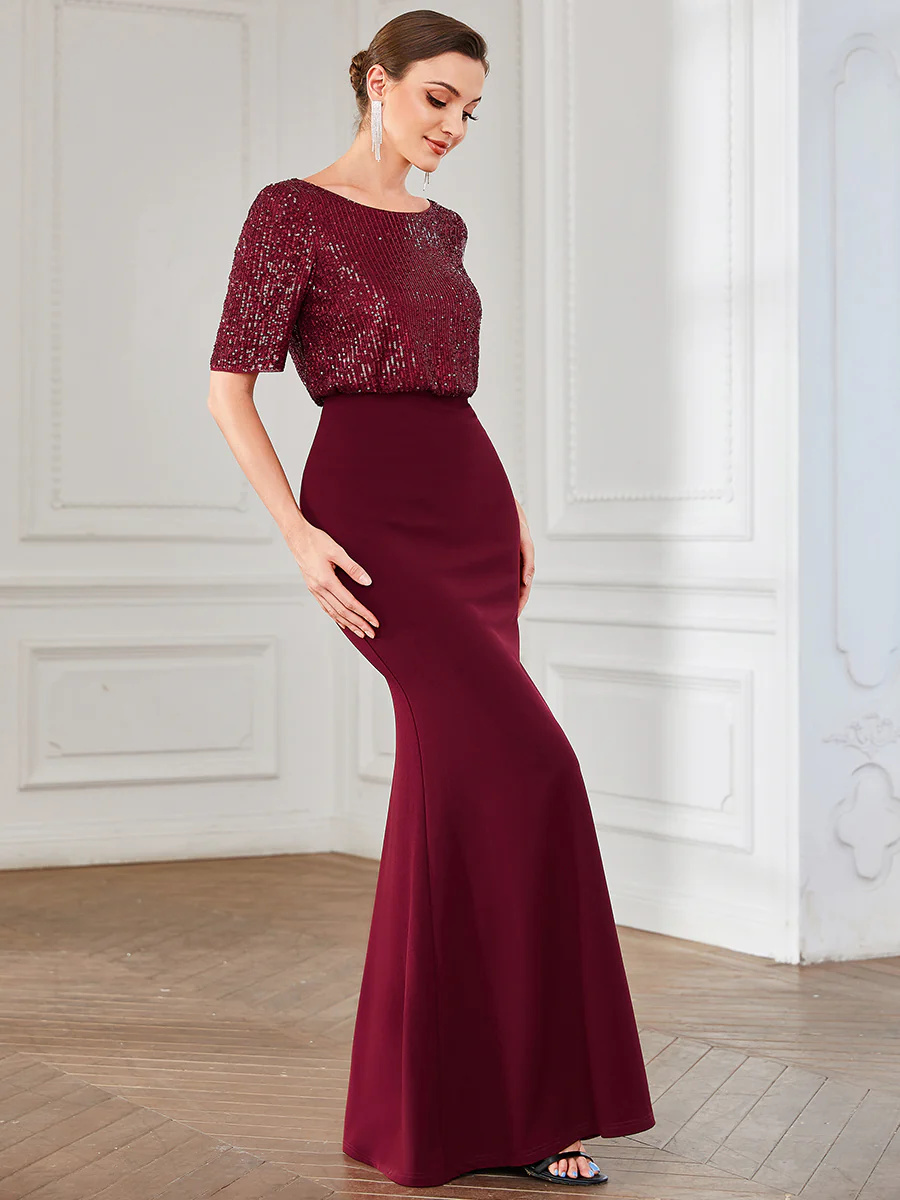 Round Neck Fishtail Bridesmaid Dress with Half Sleeves #EMEE01395