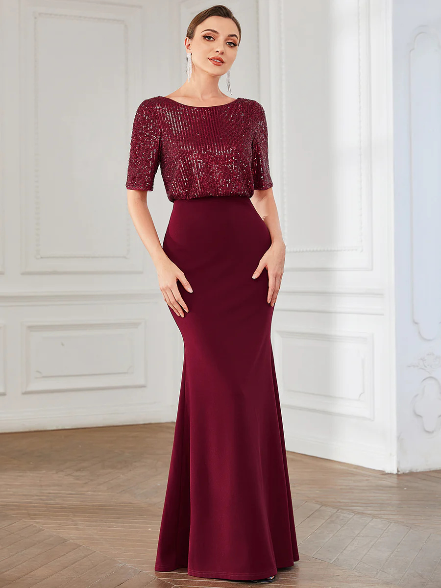 Round Neck Fishtail Bridesmaid Dress with Half Sleeves #EMEE01395