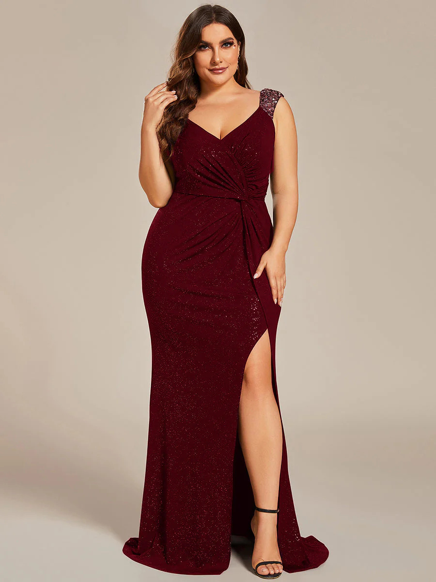 Stunning flattering V-neck Slit Glitter Bridesmaid Dress #EMEE01888