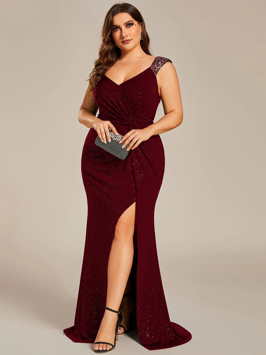 Stunning flattering V-neck Slit Glitter Bridesmaid Dress #EMEE01888