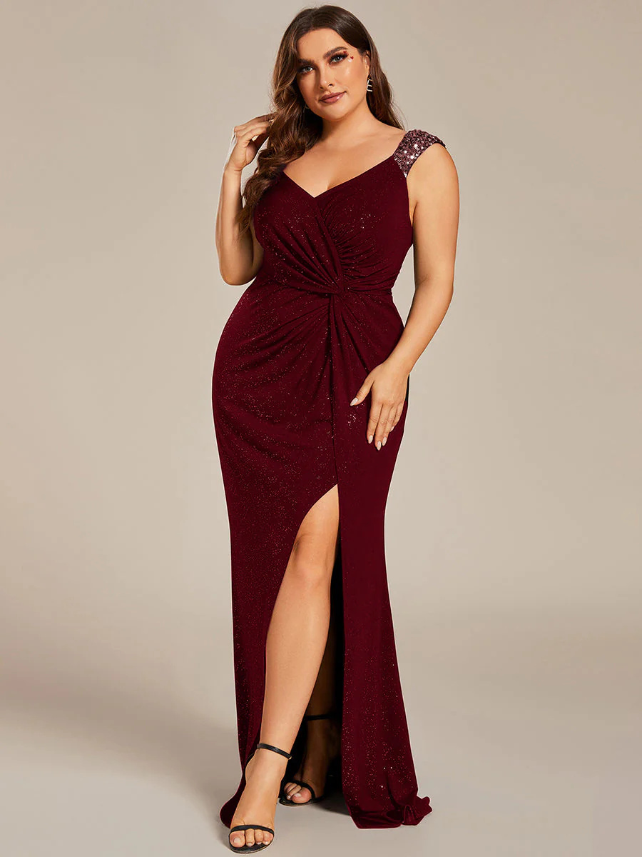 Stunning flattering V-neck Slit Glitter Bridesmaid Dress #EMEE01888