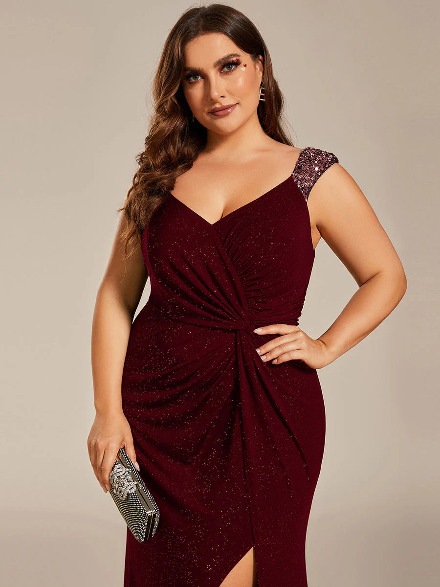 Stunning flattering V-neck Slit Glitter Bridesmaid Dress #EMEE01888