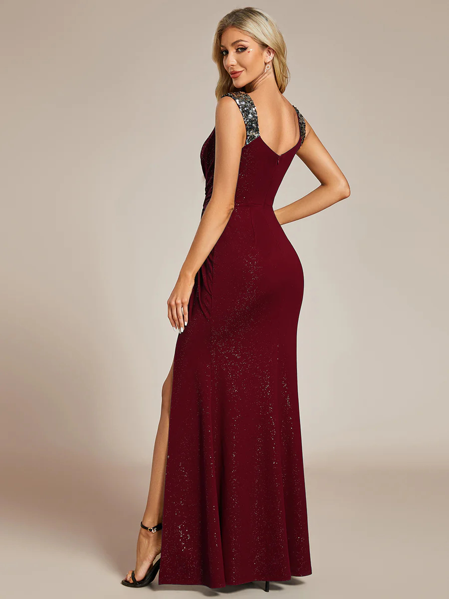 Stunning Glitter V-Neck Slit Bridesmaid Dress #EMEE01888