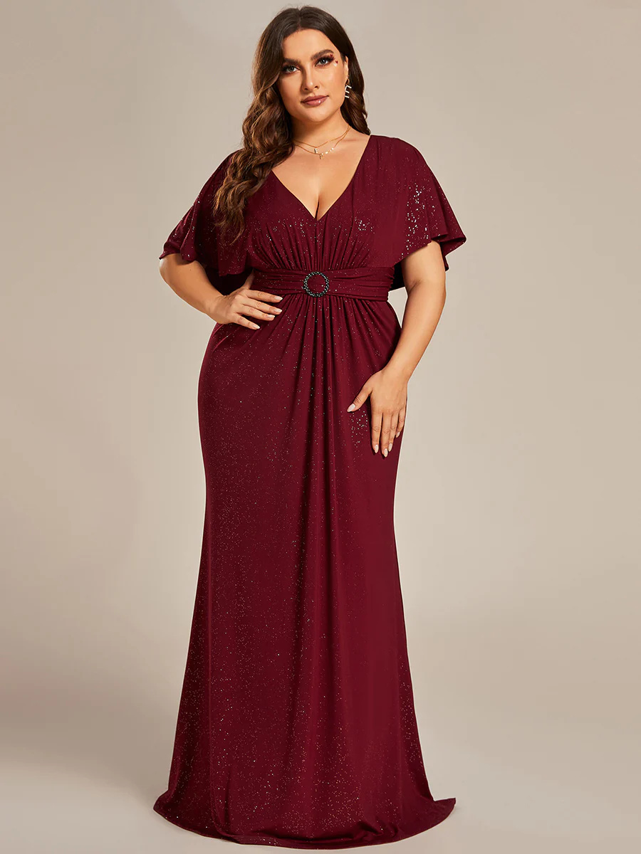 Sparkly Deep V-Neck Pleated Bridesmaid Dress With Belt #EMEE01891