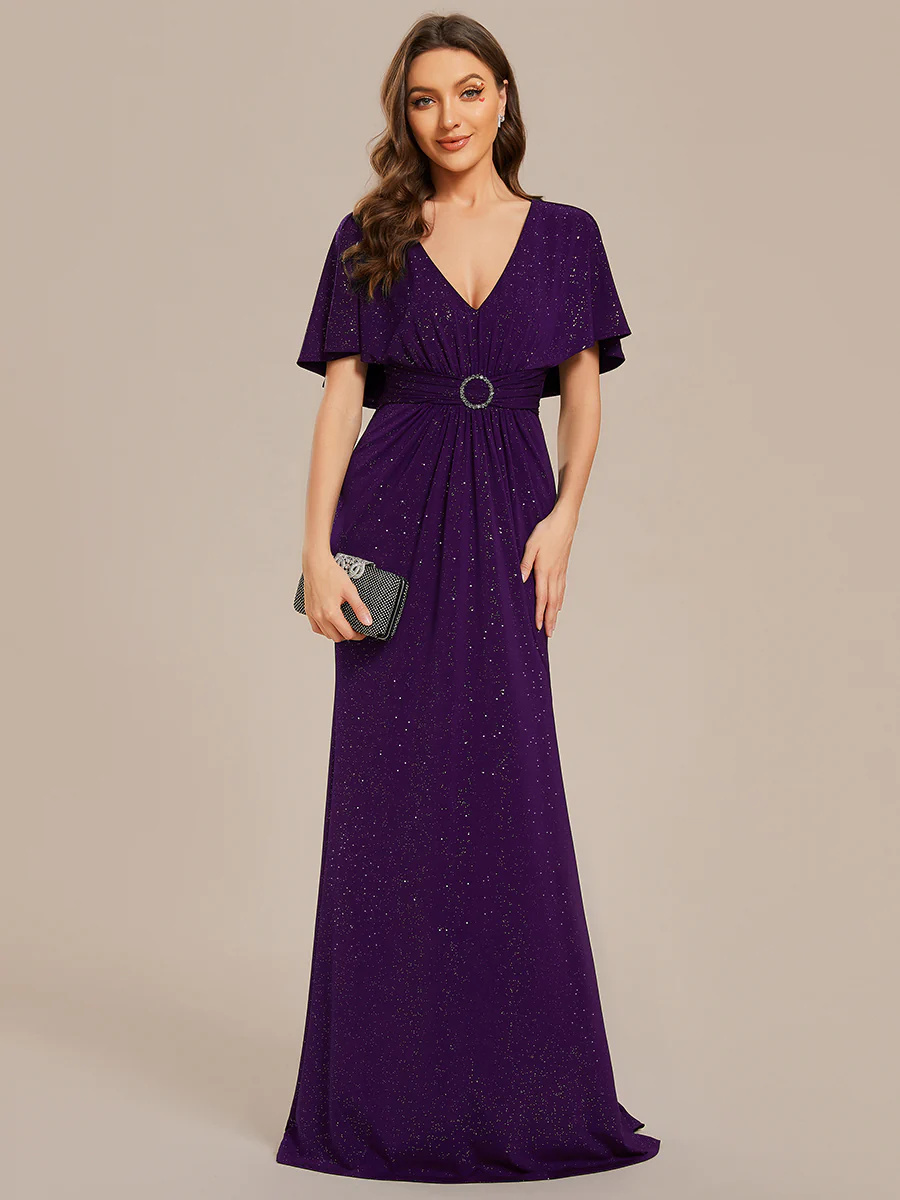 Sparkly Deep V-Neck Pleated Bridesmaid Dress With Belt #EMEE01891