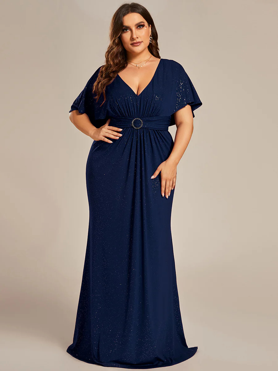 Sparkly Deep V-Neck Pleated Bridesmaid Dress With Belt #EMEE01891