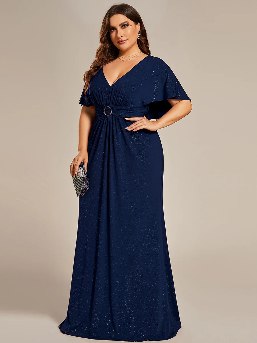 Sparkly Deep V-Neck Pleated Bridesmaid Dress With Belt #EMEE01891
