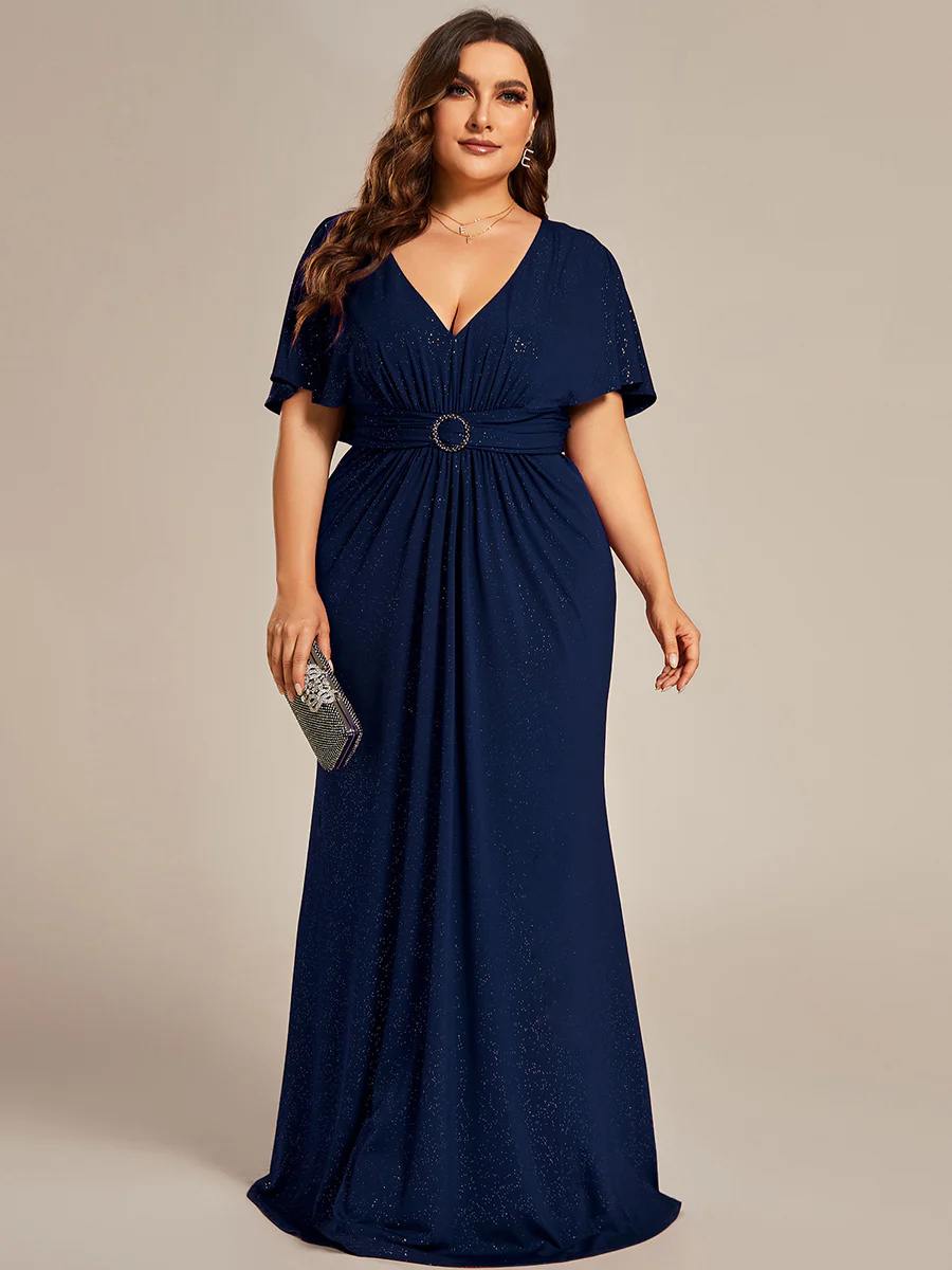 Sparkly Deep V-Neck Pleated Bridesmaid Dress With Belt #EMEE01891