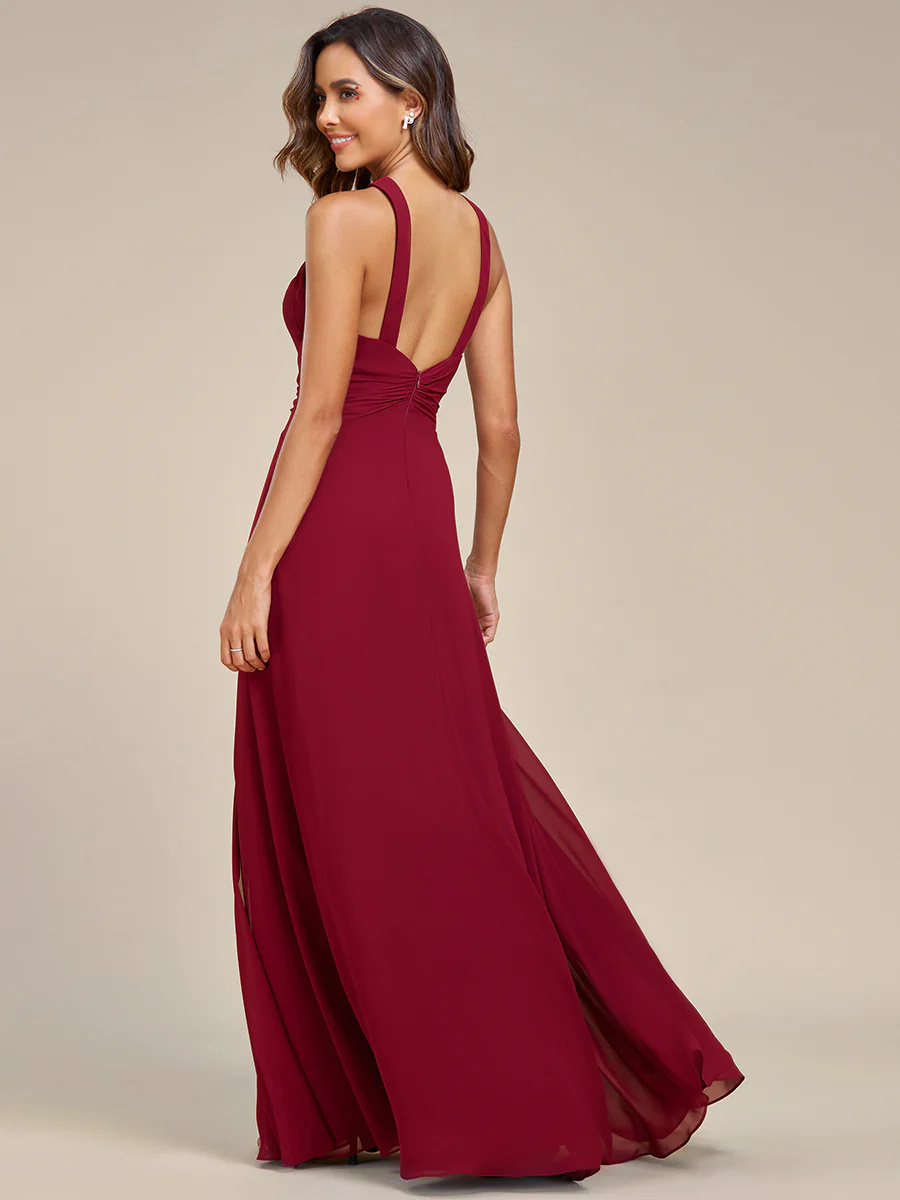 Backless Halter Neck Rhinestone Chiffon Bridesmaid Dress #EMEE01899