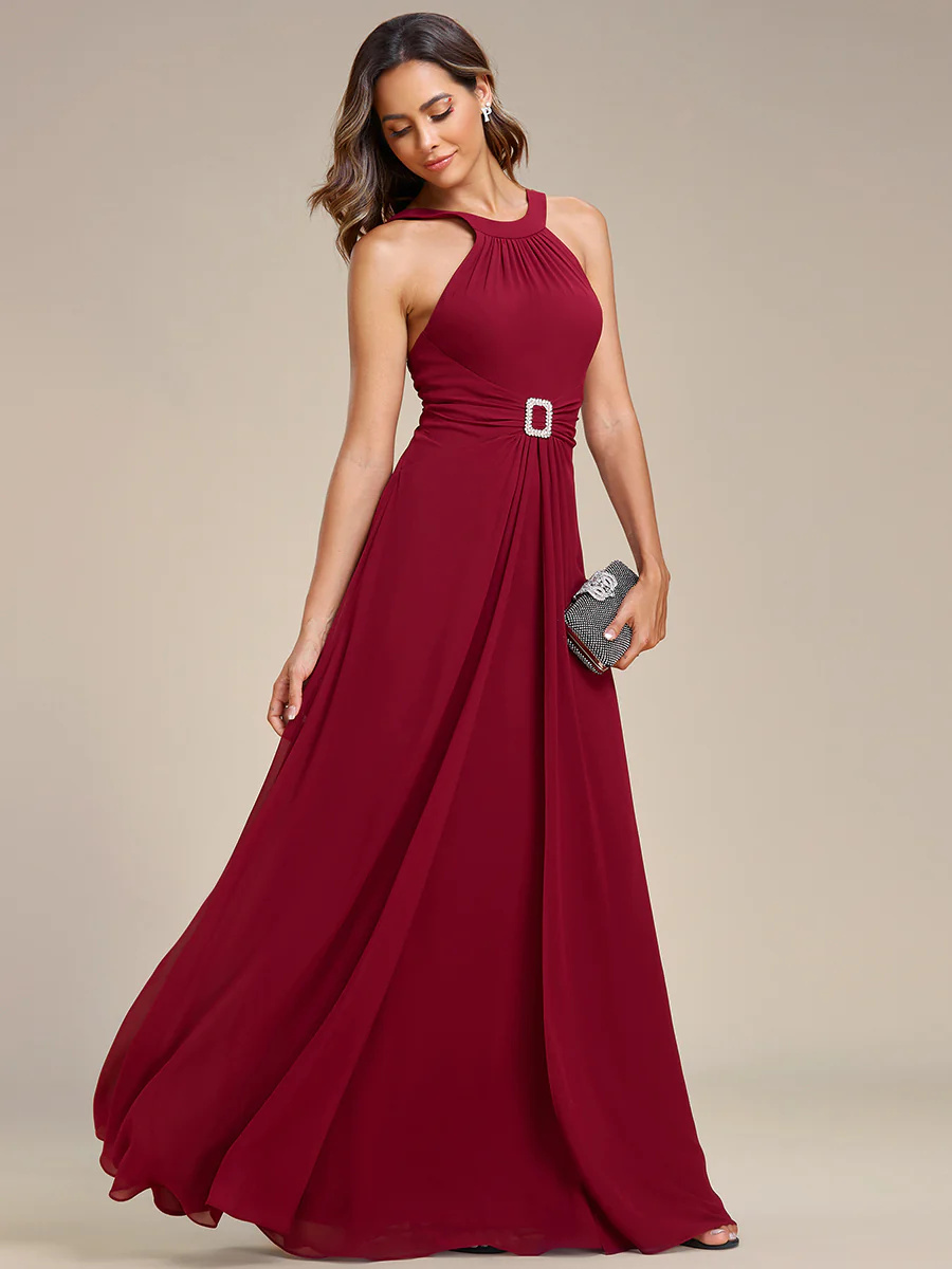 Backless Halter Neck Rhinestone Chiffon Bridesmaid Dress #EMEE01899