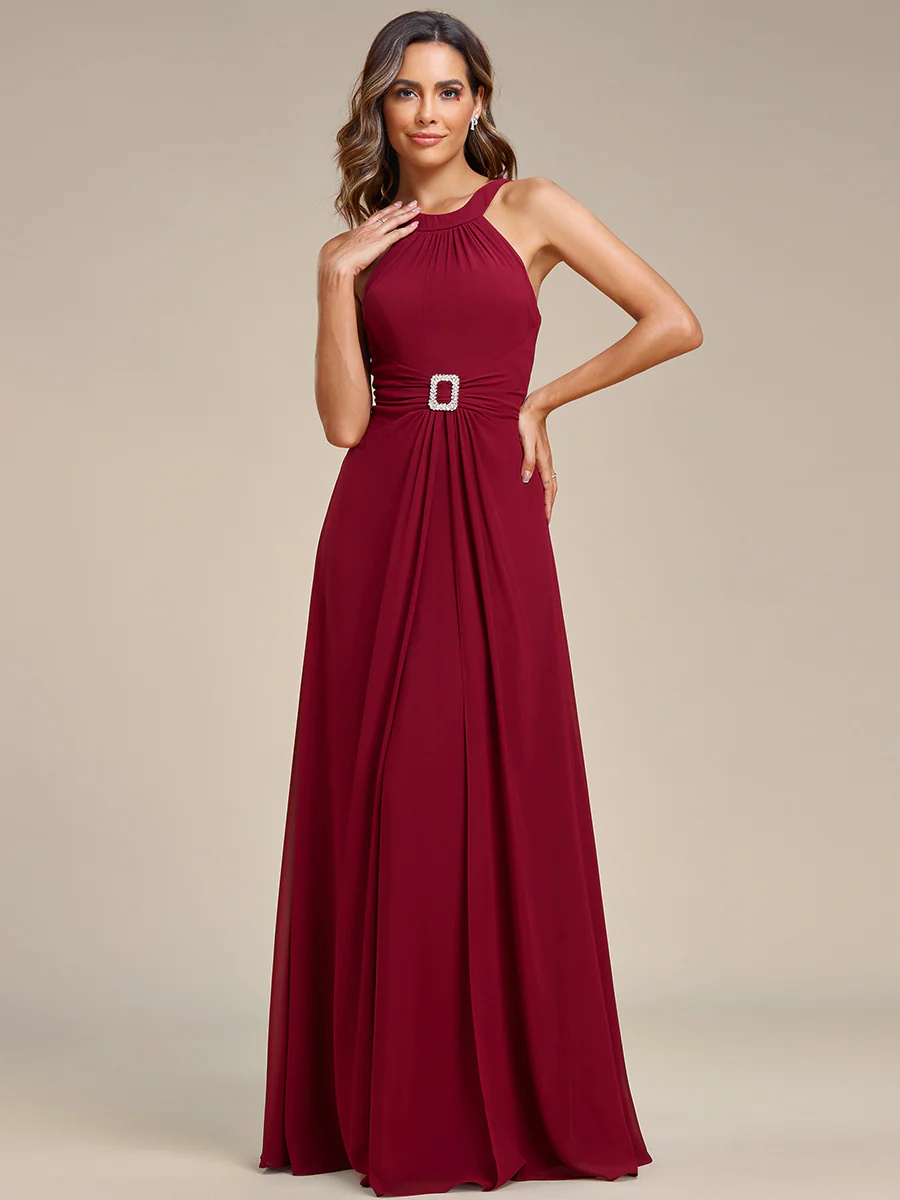 Backless Halter Neck Rhinestone Chiffon Bridesmaid Dress #EMEE01899