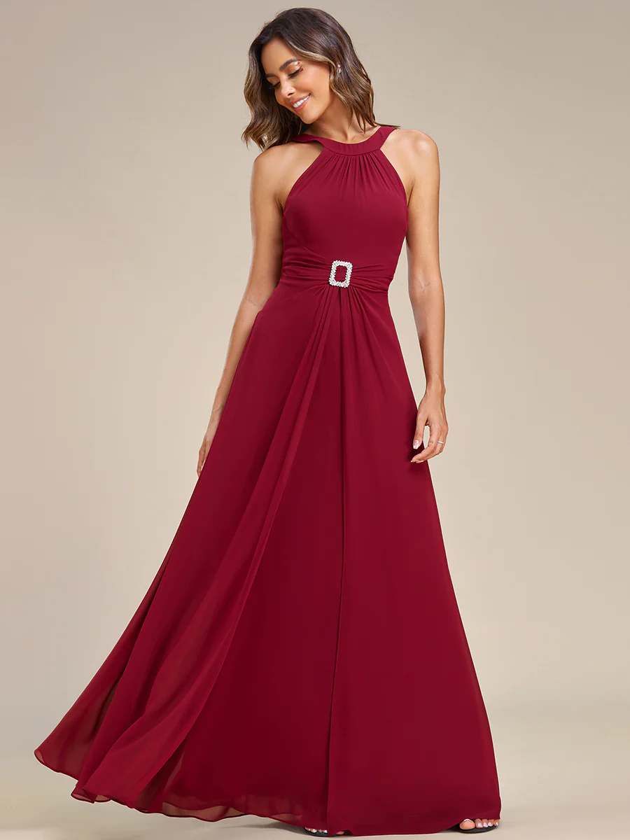 Backless Halter Neck Rhinestone Chiffon Bridesmaid Dress #EMEE01899